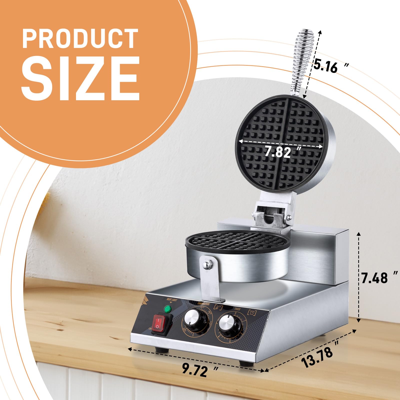 ROVSUN Commercial Electric Belgian Waffle Maker - 360° Rotating Non-Stick Waffle Iron with Adjustable Temperature & Timer - Perfect for Hotels, Restaurants, and Breakfast Cafes
