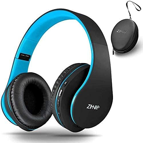 ZIHNIC Bluetooth Headphones Wireless & Wired Over-Ear Headphones with MicroSD/TF, FM Radio, Foldable Design, Soft Earmuffs - Lightweight for Long Wear (Black/Blue) - Perfect for Travel, Work, Gaming & Music Listening