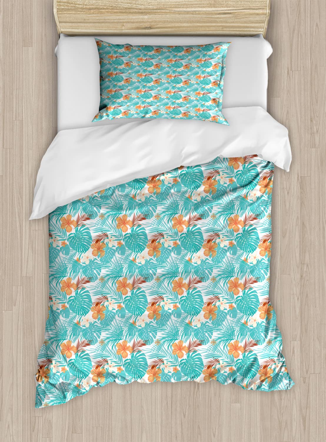 Ambesonne Aloha Duvet Cover Set - Tropical Palm Leaves & Hibiscus Flowers Bedding Set, 2 Duvet Covers & 4 Pillowcases, 2-Pack California King Size, Orange & Turquoise - Perfect for Summer Beach House Decor & Hawaiian-Themed Bedrooms