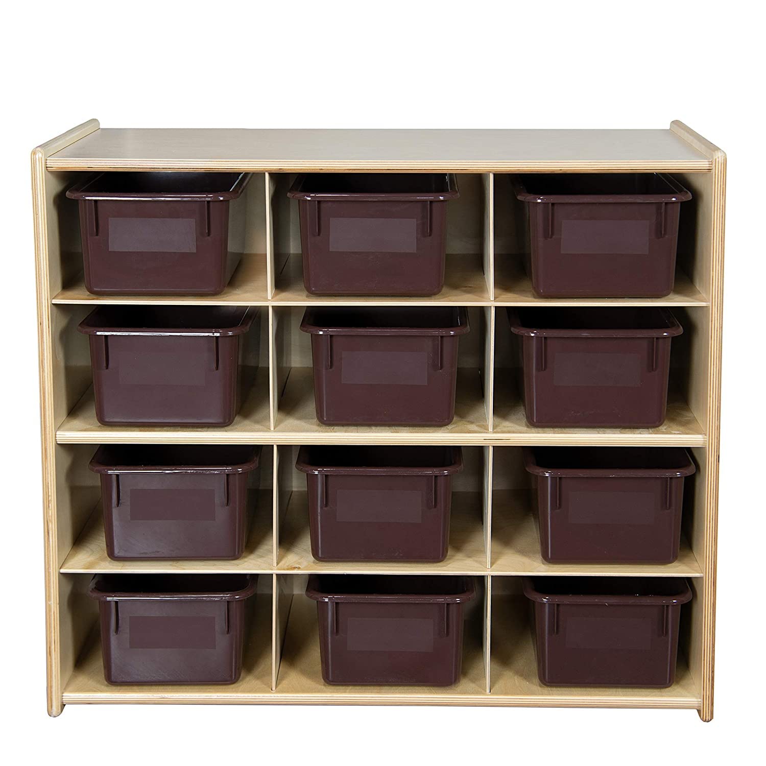 Contender 12-Section Kids Storage Unit with Brown Bins | Montessori Hardwood Toy Organizer for Toys, Art & Craft Supplies | Fully Assembled Cubby Shelf | Perfect for Playrooms, Classrooms & Daycare Centers