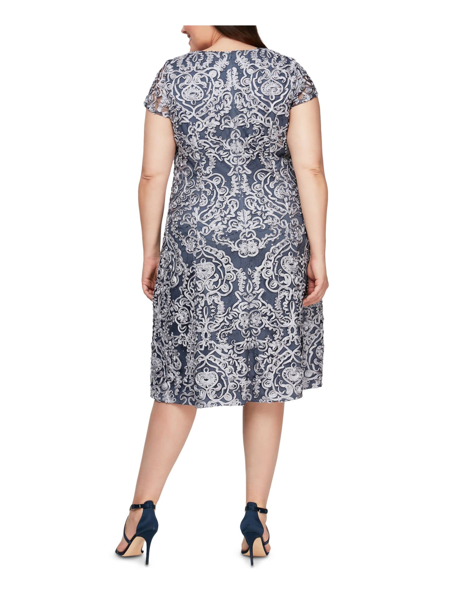Alex Evenings Women's Plus Size Tea Length Dress with Rosette Detail - Elegant Formal & Wedding Guest Dress for Special Occasions