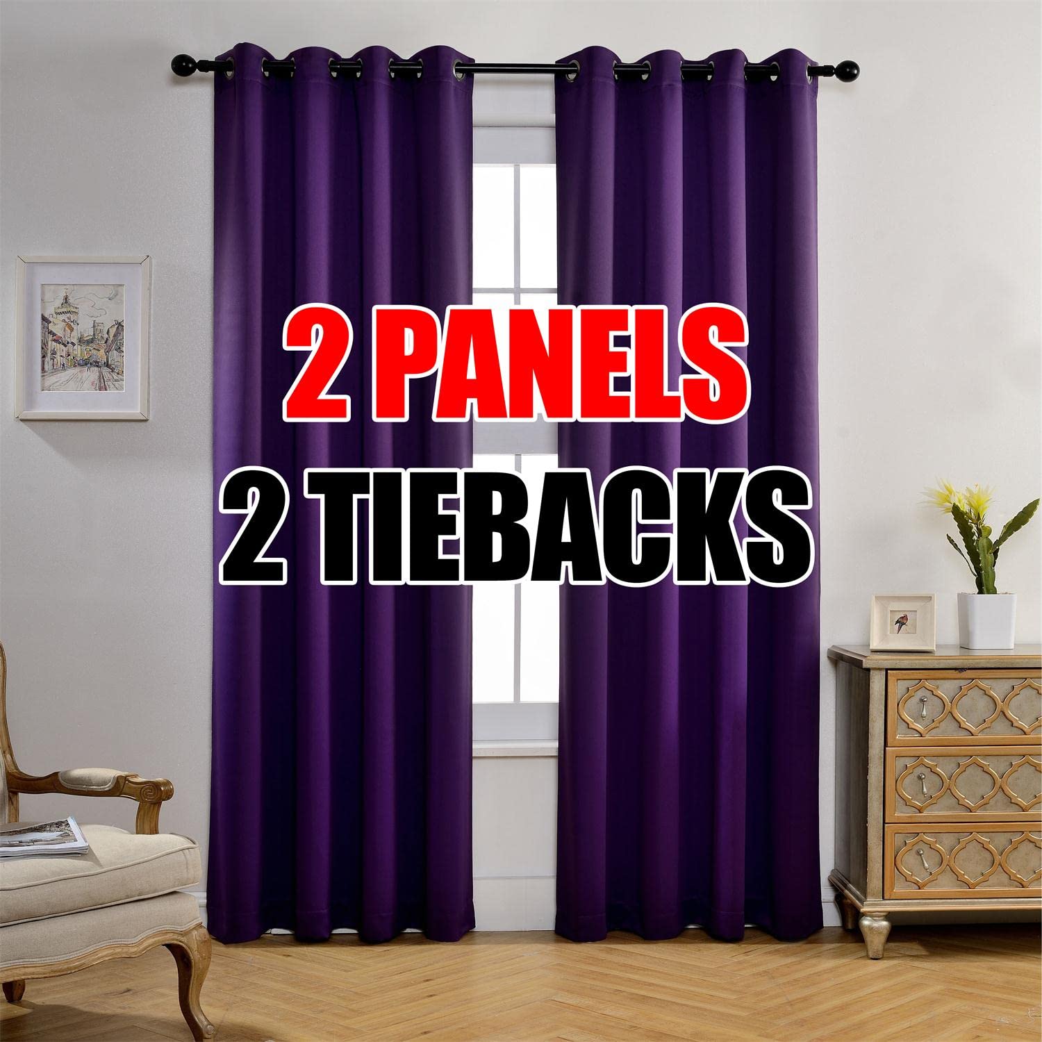 MIUCO 2 Panels Thermal Insulated Blackout Curtains - 95 Inch Purple Room Darkening Window Drapes with Grommet Top for Bedroom, Living Room & Nursery - Blocks Light & Noise, Energy Efficient