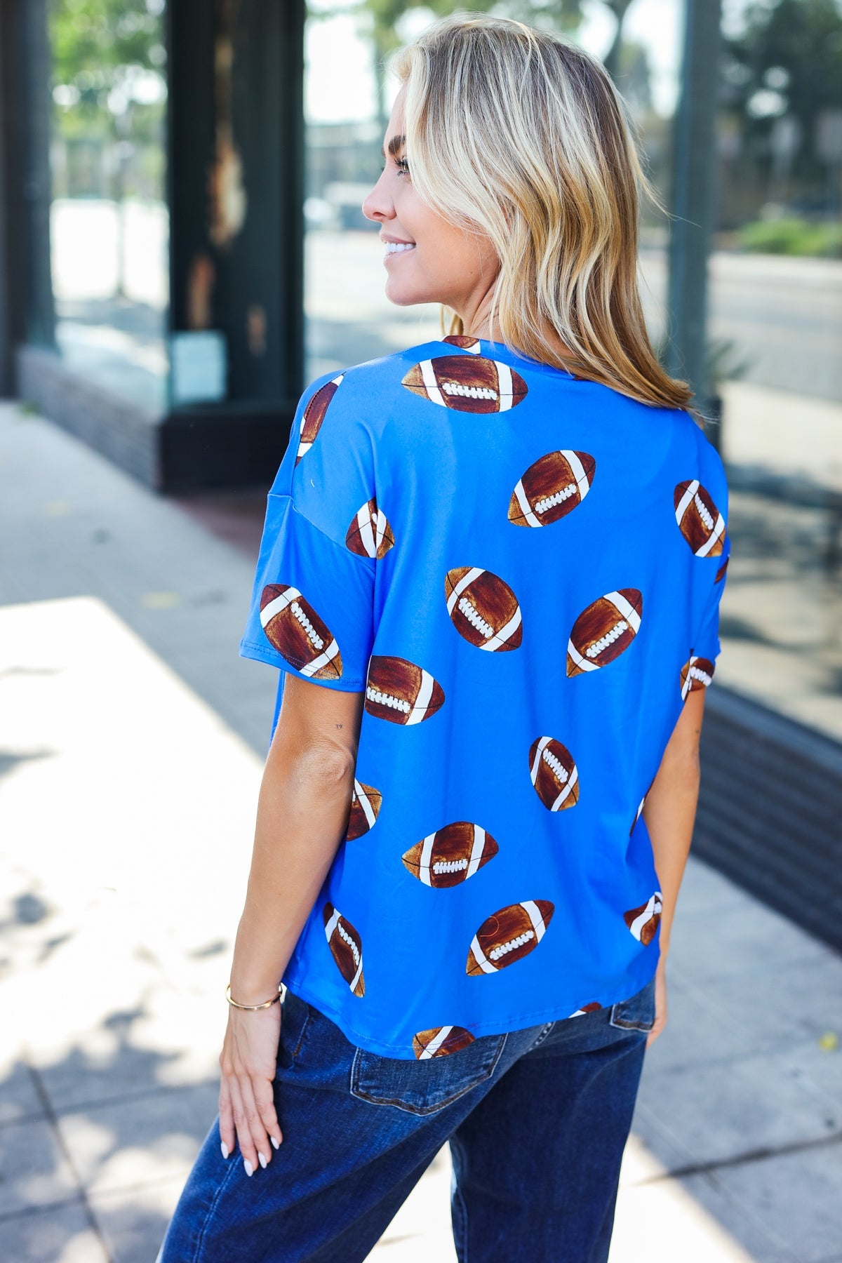 Game Day Blue Football Print Knit Top - Comfortable Sports Fan Tee for Women - Perfect for Football Games, Tailgating & Casual Wear