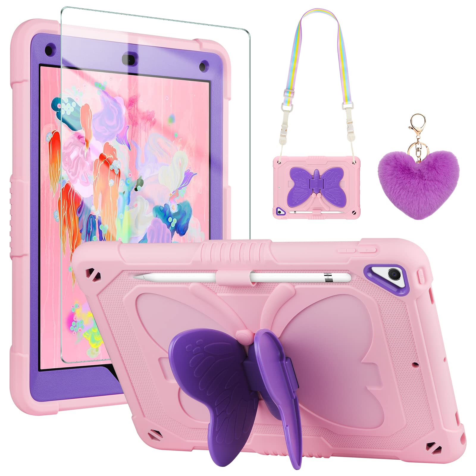Premium Shockproof iPad 9.7 Case for 6th/5th Gen & Air 2 - Butterfly Kickstand, Screen Protector, Pencil Holder & Lanyard - Cute Pink & Purple Protective Cover for Girls & Kids - Perfect for School, Travel & Daily Use