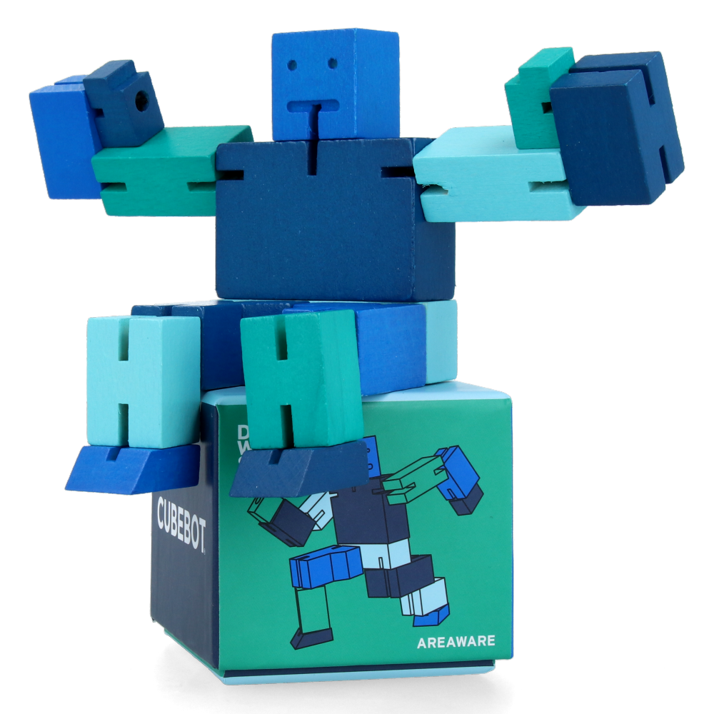 Cubebot Small Blue Multi-Jointed Wooden Robot Toy - Perfect for Kids' STEM Learning & Creative Play