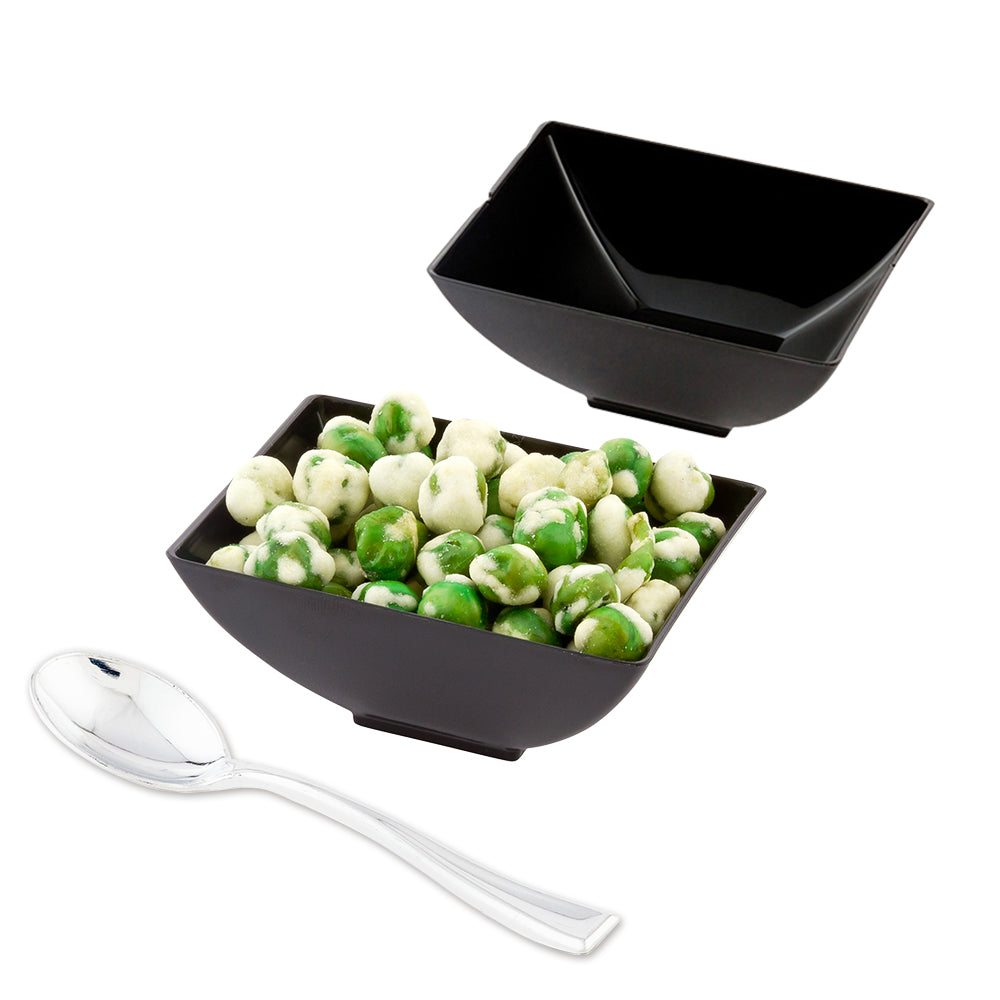 100-Pack 3 oz Rectangle Black Plastic Small Architetto Bowls with 100 Silver Mini Spoons - Perfect for Party Appetizers, Desserts, and Catering Events