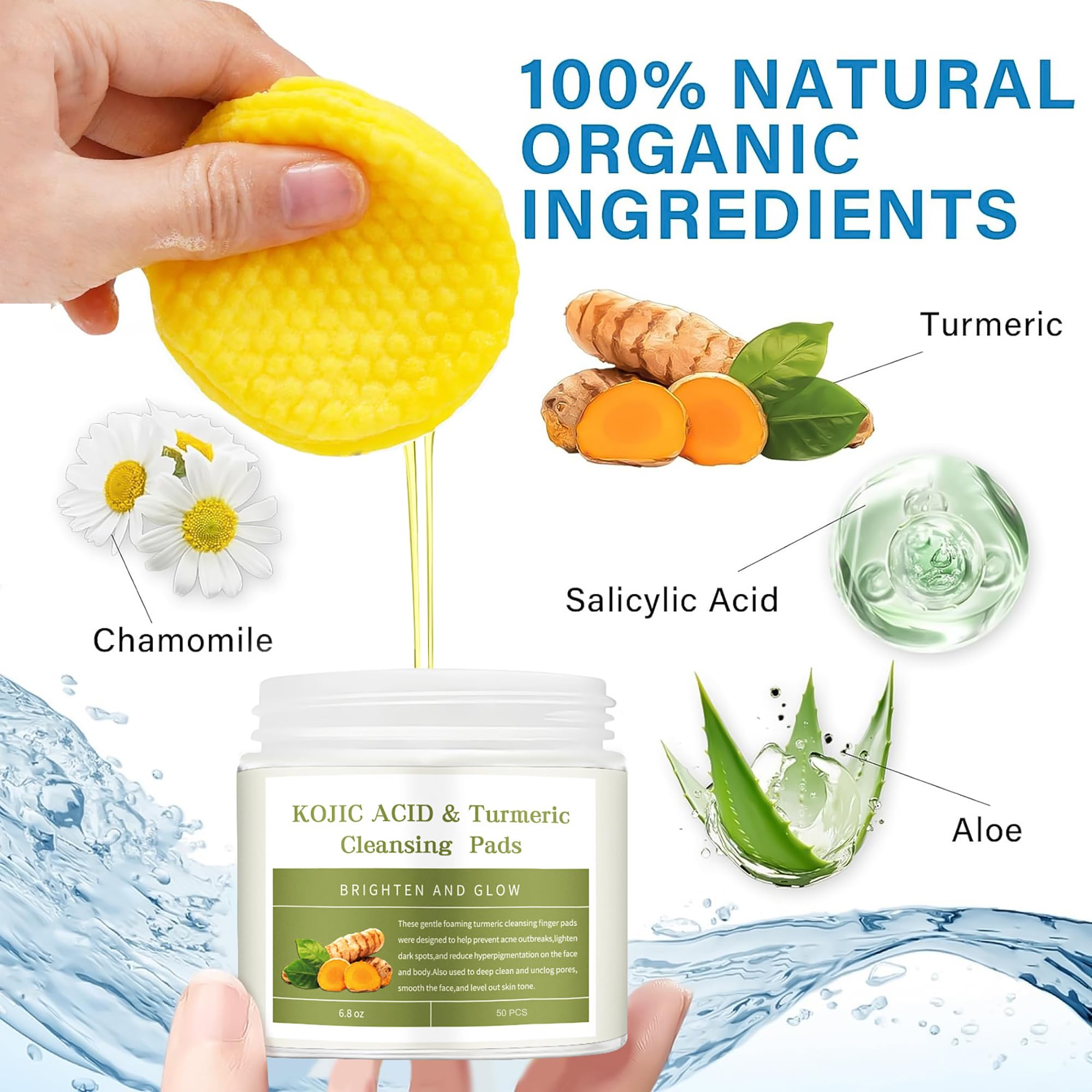 Kojic Acid & Turmeric Cleansing Pads - 50 Count Exfoliating Face Pads for Brightening Skin, Oil Control & Pore Refinement - Gentle Facial Exfoliator for Acne-Prone & Dull Skin - Perfect for Daily Skincare Routine & Travel