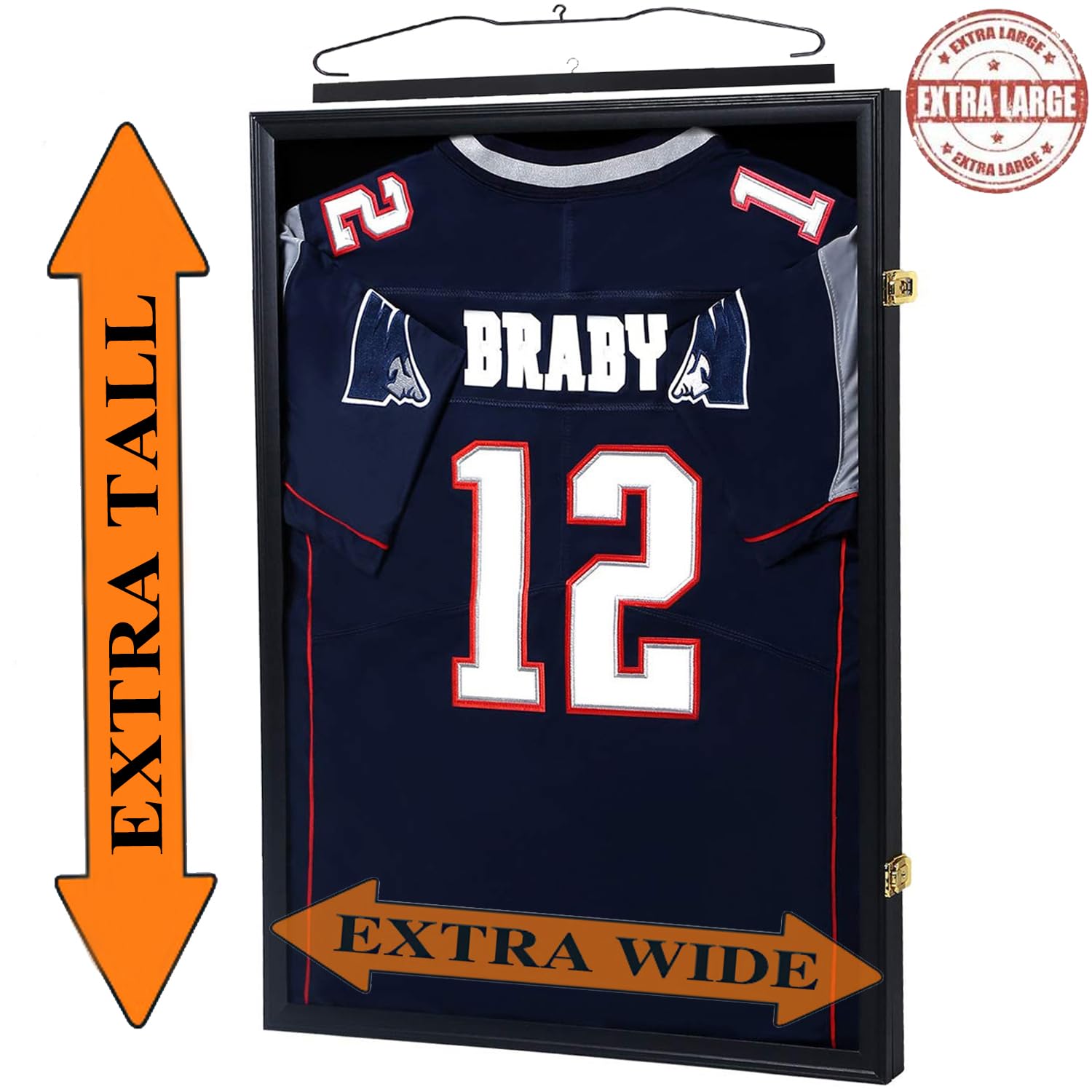 Amebee Extra Large Lockable Jersey Display Frame - UV Protected Shadow Box with Hanger for Baseball, Basketball, Football, Hockey Jerseys & Memorabilia (Black) - Perfect for Sports Fan Cave, Man Cave, and Trophy Room Decor