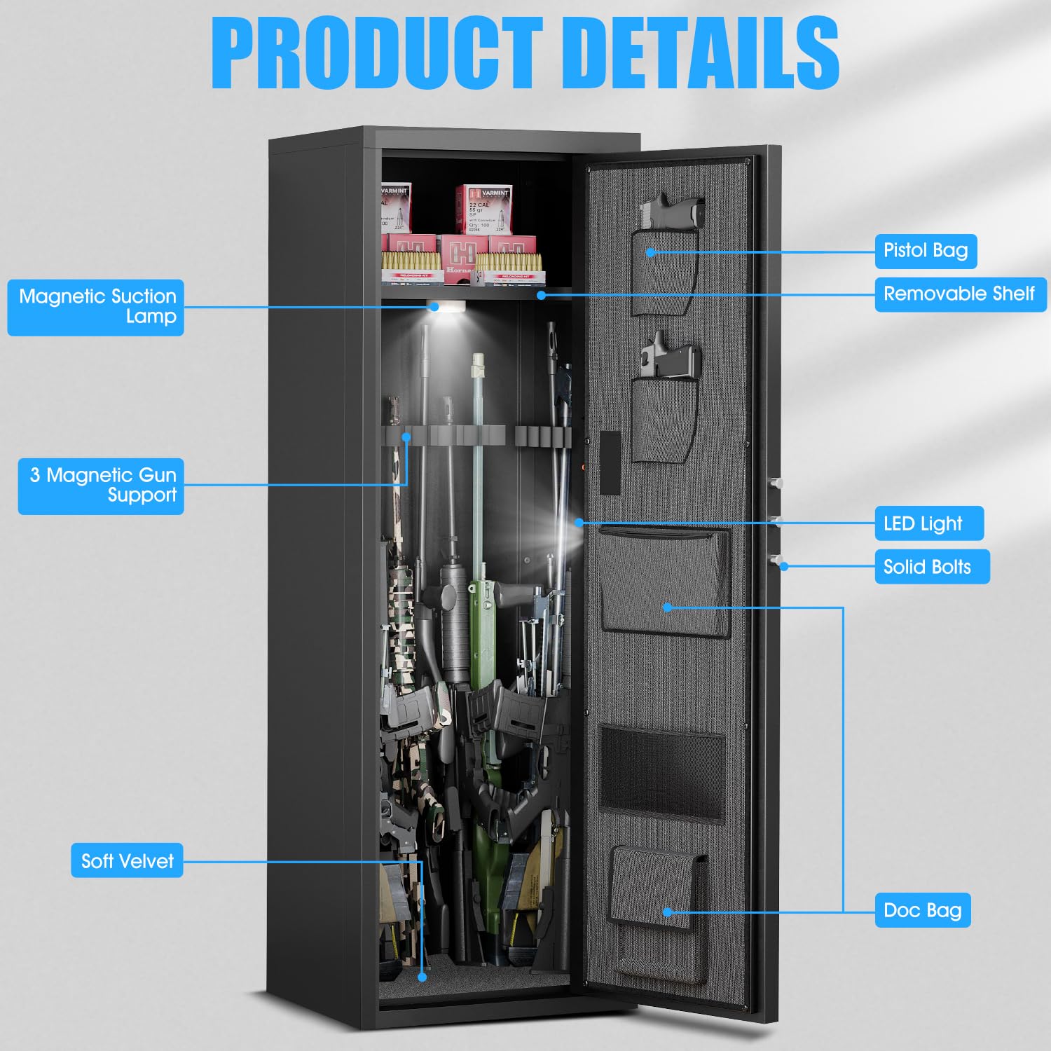 6-8 Rifle Gun Safe for Shotguns & Pistols - Large Fingerprint Biometric Safe with Touchscreen Keypad, Dual Alarm & Mute Mode - Unassembled Home Security Safe with Removable Shelves - Perfect for Bedroom, Closet or Garage Gun Storage