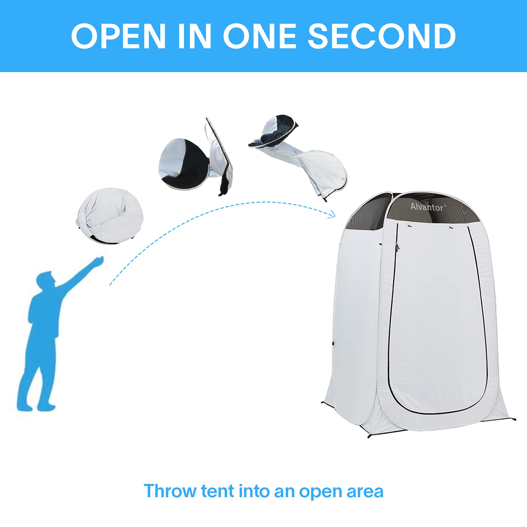Alvantor Pop Up Shower Tent - 4'x4'x7' Portable Outdoor Changing Room for Camping, Beach & Hiking - Waterproof Teflon Coated Privacy Shelter with Dressing Area - Perfect for Outdoor Bathroom, Toilet & Changing (White, Patent Pending)