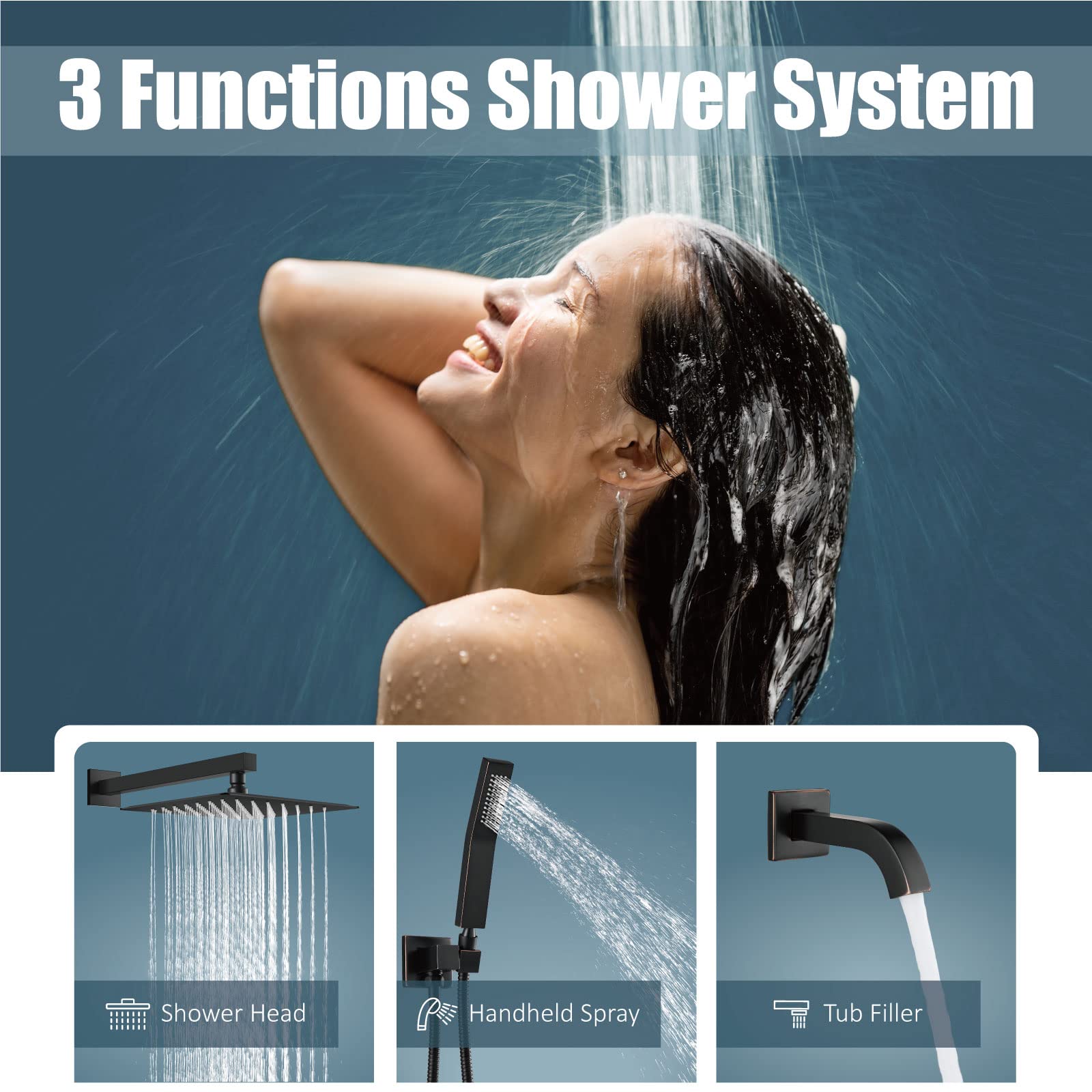 Luxury Rainfall Shower System Set - 10 Inch Oil Rubbed Bronze Shower Head with Handheld Sprayer, Tub Filler & Rough-in Valve | Wall Mount Bathroom Mixer Faucet for Spa-Like Experience