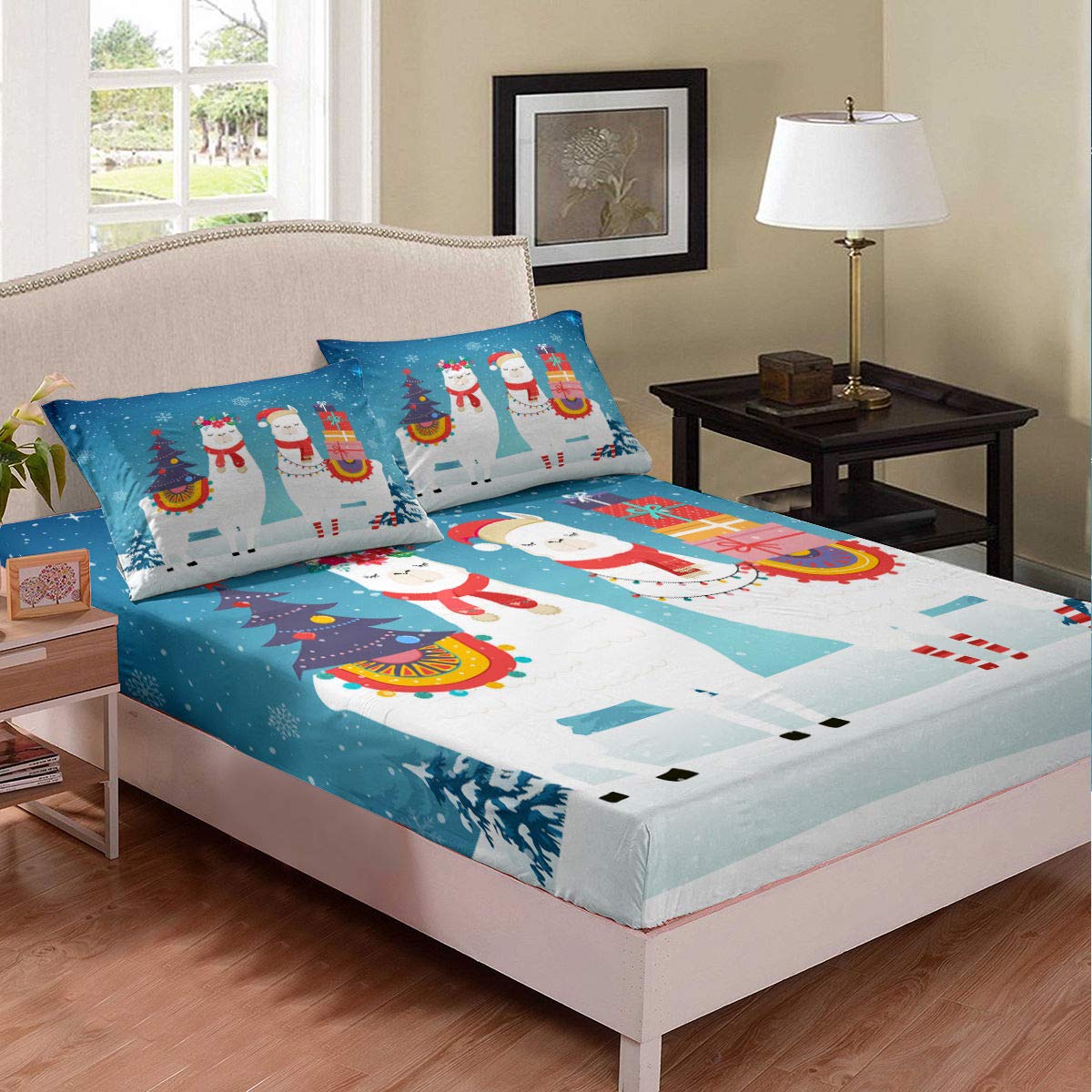 Cartoon Christmas Alpaca 3-Piece Duvet Cover Set - Queen Size Deep Pocket Fitted Sheet & 2 Pillowcases - Snowy Winter White Alpaca Print Bedding for Teens & Young Adults - Cozy Holiday Bedroom Decor