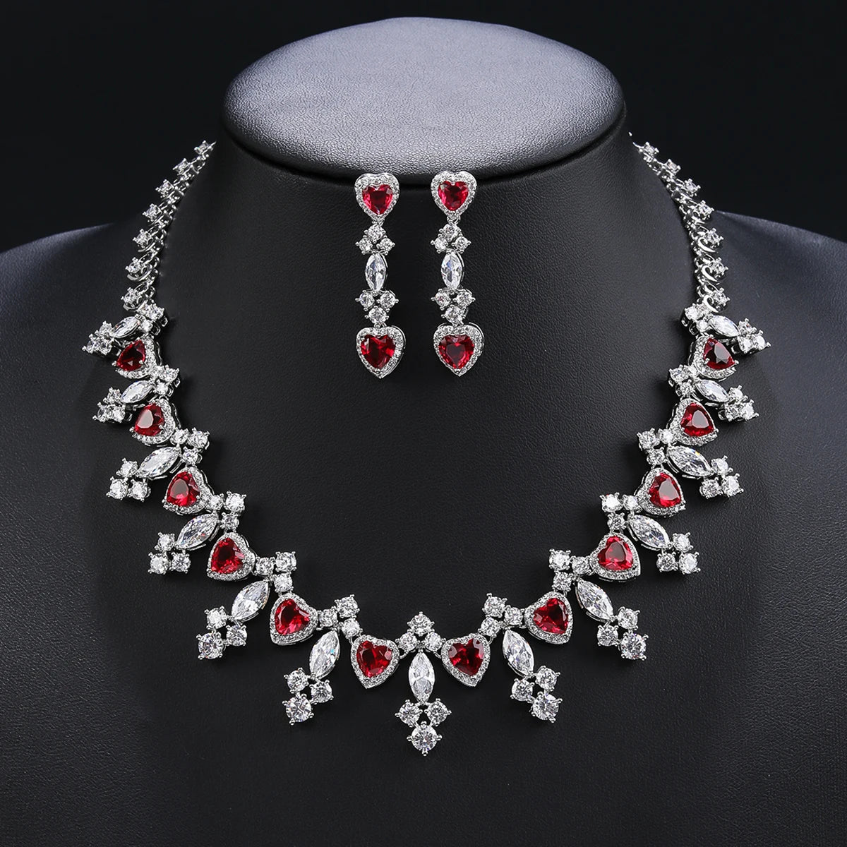 Elegant Multi-Color Cubic Zirconia Heart Necklace & Earrings Set - Wedding, Bridal, Anniversary Jewelry Gift for Her - Perfect for Romantic Dates, Proposals, and Special Occasions