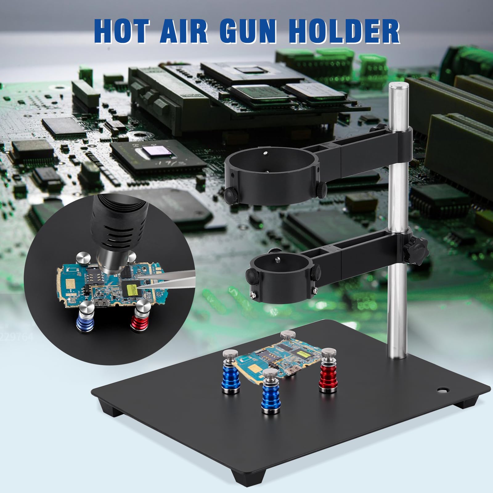 Hot Air Gun Holder with Two Flexible Brackets & Stainless Steel Base - Secure PCB Rework Tool for Soldering, Circuit Board Repair, and Electronics Workbench - Perfect for DIY Projects and Professional Workshops