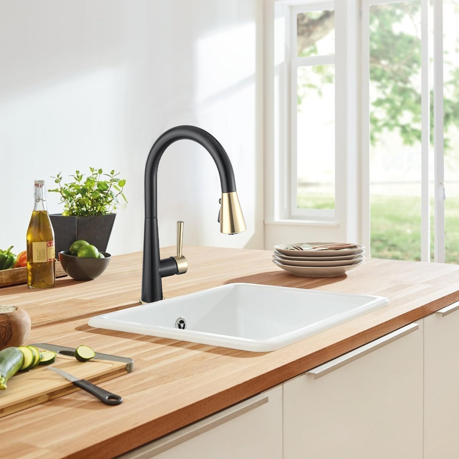 Premium Matte Black & Brushed Gold Kitchen Faucet with Magnetic Pull Down Sprayer - Modern Lava Odoro Design, Deck Plate & Docking Spray Head (Model KF321-GB) - Perfect for Farmhouse, RV & Apartment Kitchen Sinks