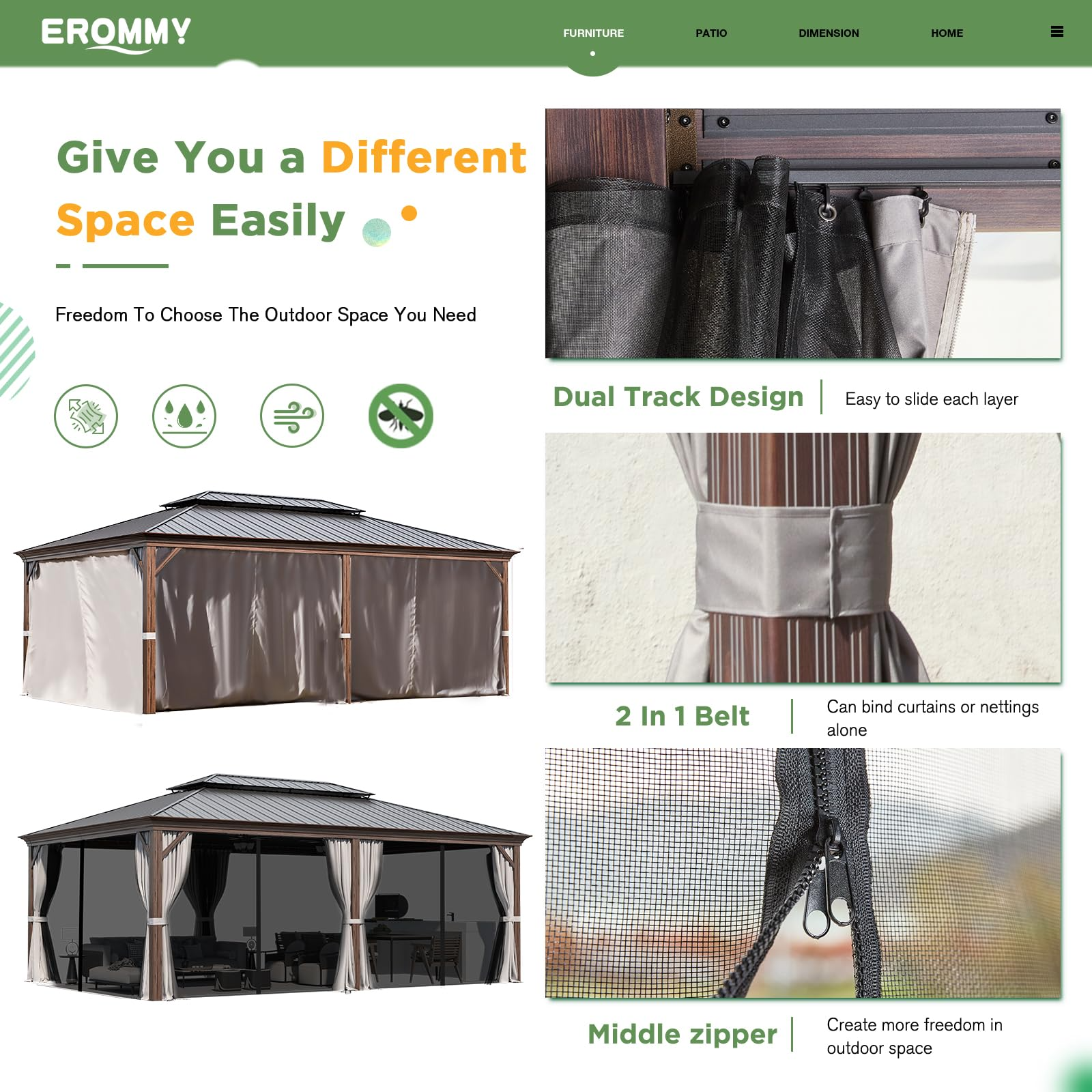 EROMMY 14X20 Large Gazebo with Sides and Hardtop - Outdoor Canopy for Patio, Garden, Backyard, and Poolside Relaxation