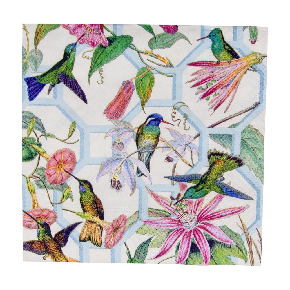 Caspari Hummingbird Trellis Paper Cocktail Napkins - 40 Count, Floral Bird Design, Disposable Party Napkins for Weddings, Bridal Showers & Garden Events
