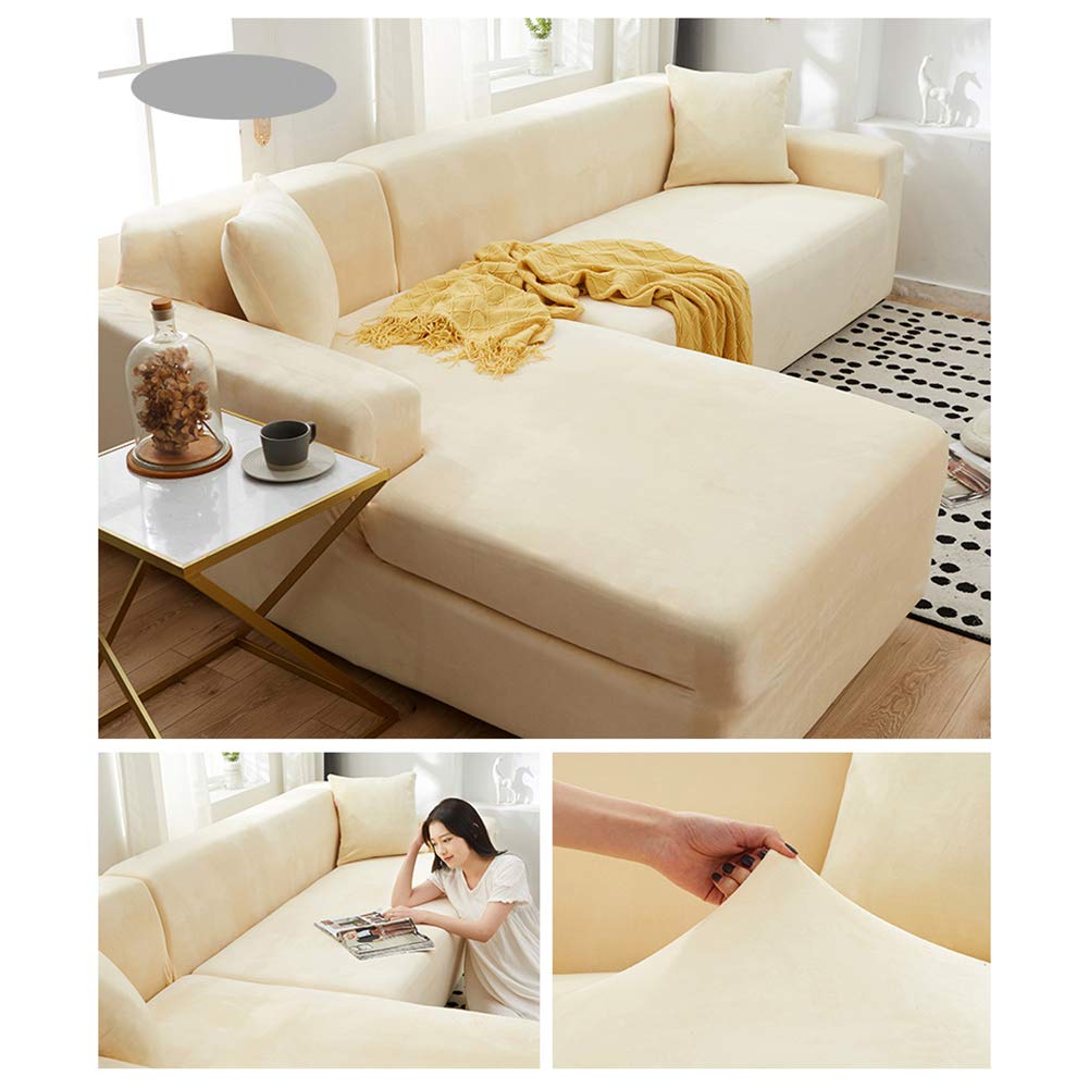 L-Shaped Plush Sectional Sofa Cover - Solid Color Furniture Protector for Pets, Universal Leather Sofa Slipcover Beige (4-Seat, 235-300cm) - Perfect for Living Room, Family Room & Pet-Friendly Homes