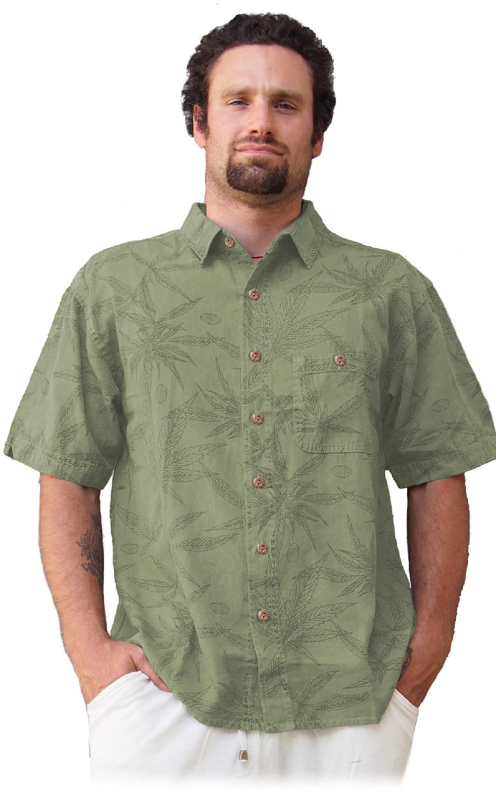 Men's Casual Short Sleeve Button Up Shirt - Hemp Leaf Print Regular Fit for Summer Outdoor Wear & Street Style