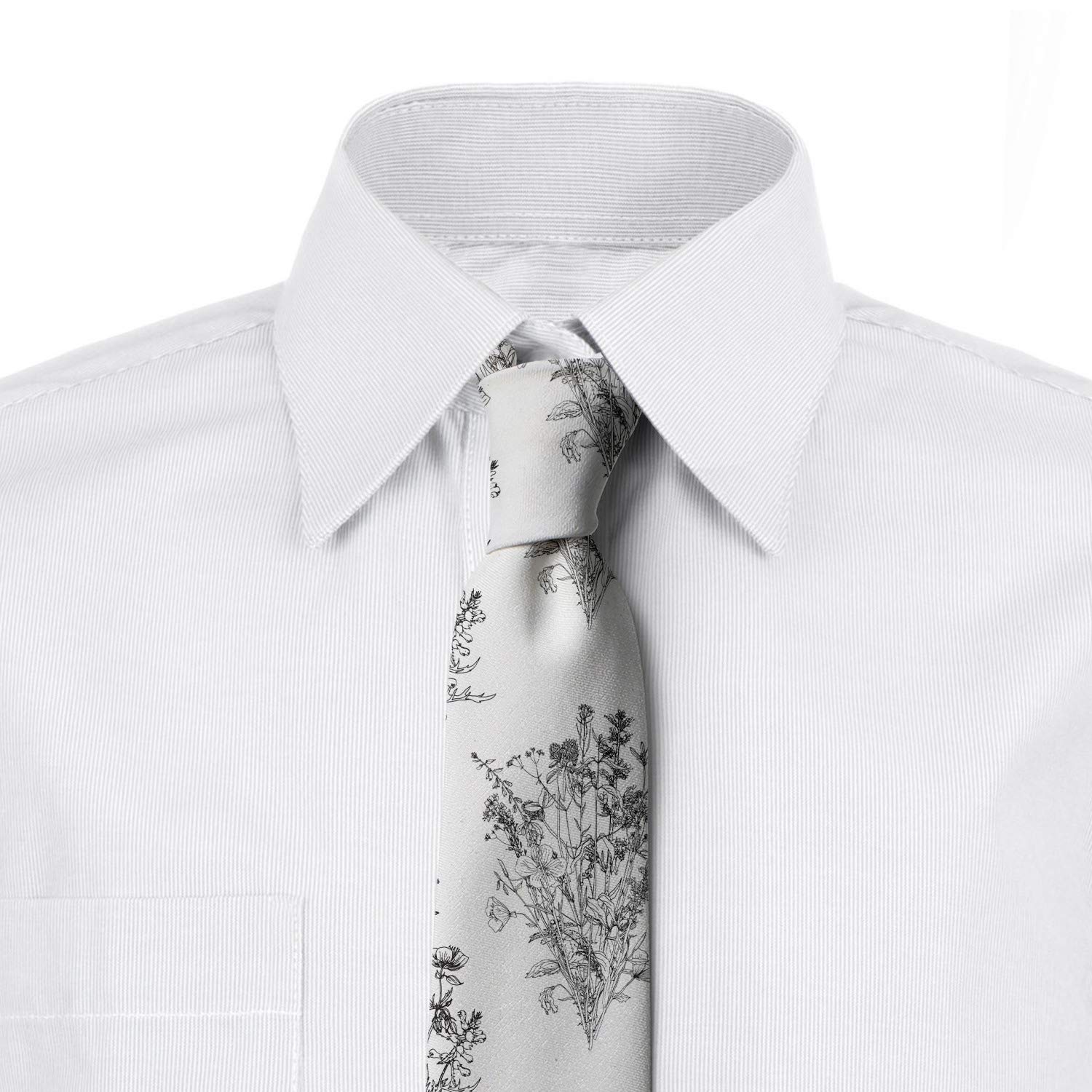 Ambesonne Men's Necktie - Elegant Outline Wild Flowers & Plants Design, 3.7