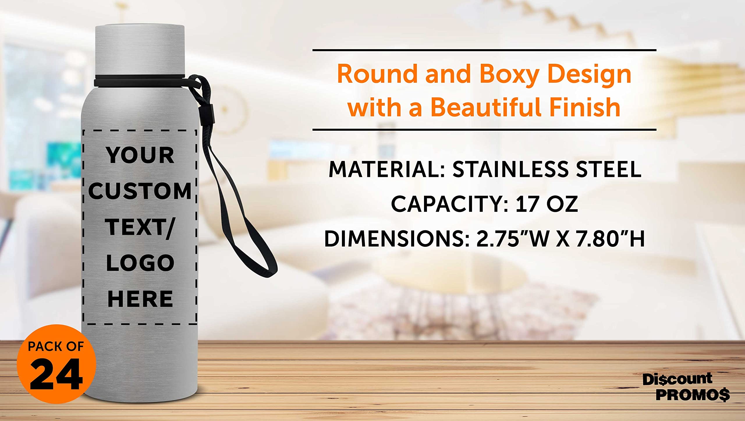 Custom Personalized 17 oz Ransom Water Bottles with Strap - Bulk Pack of 24 - Ideal for Corporate Events, Team Giveaways & Business Promotions - Silver Stainless Steel Bottles for Gym, Office & Outdoor Activities