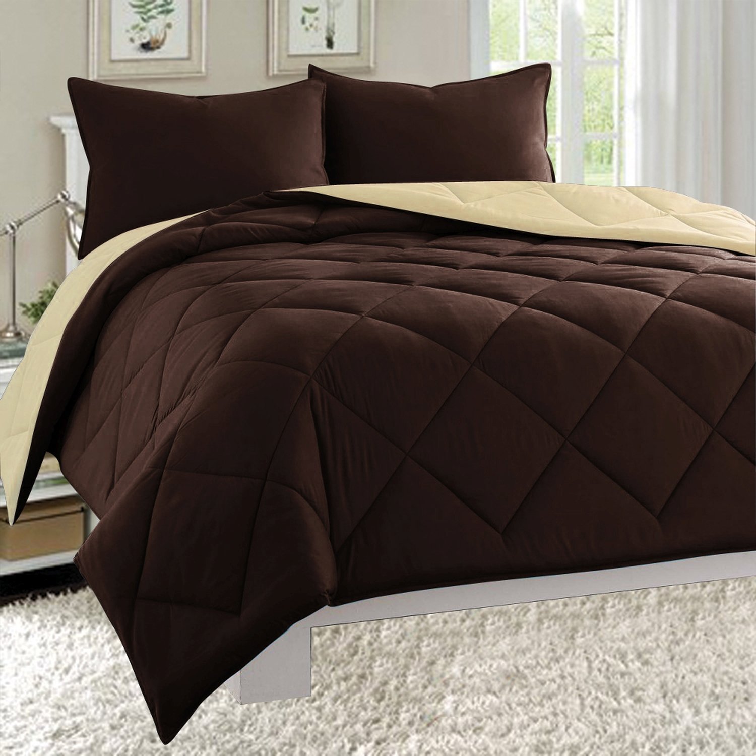 Lightweight Reversible Down Alternative Comforter Set - Twin/Twin XL - Chocolate Brown & Cream - All Season Bedding for Cozy Sleep | Perfect for Guest Rooms, Dorms & Apartments