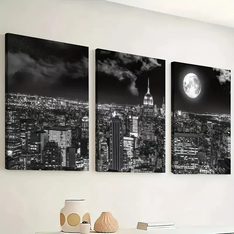 3-Piece Black and White Night City Architecture Wall Art Set - Framed Canvas 40x60cm (16x24in) | High Quality Print | 100% Australian Made | Ready to Hang | Modern Office & Living Room Decor
