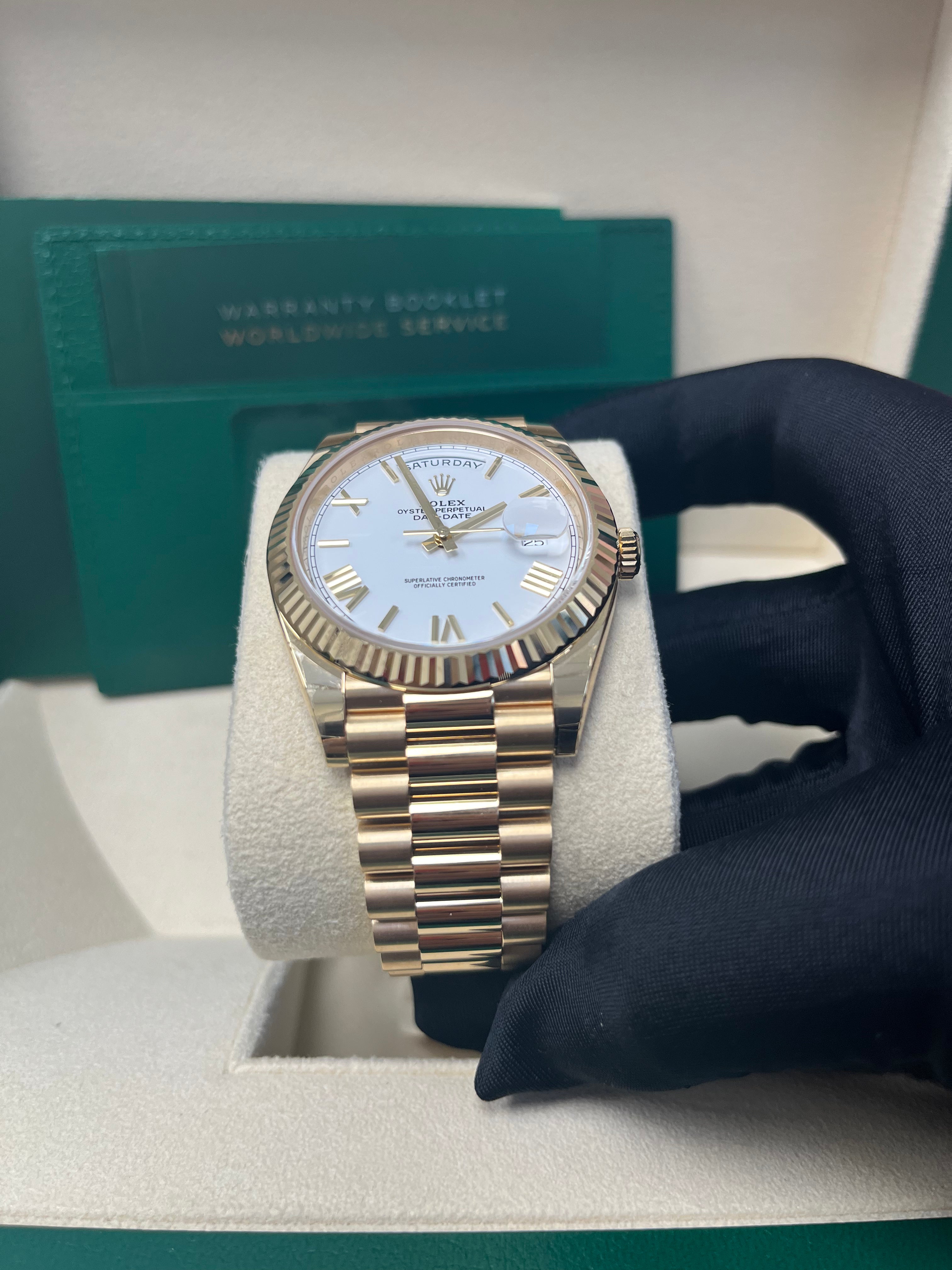 Rolex Day Date 40mm Men's Watch - 18K Yellow Gold, White Roman Dial, Fluted Bezel (Ref# 228238) | Luxury Dress Watch for Business & Formal Occasions