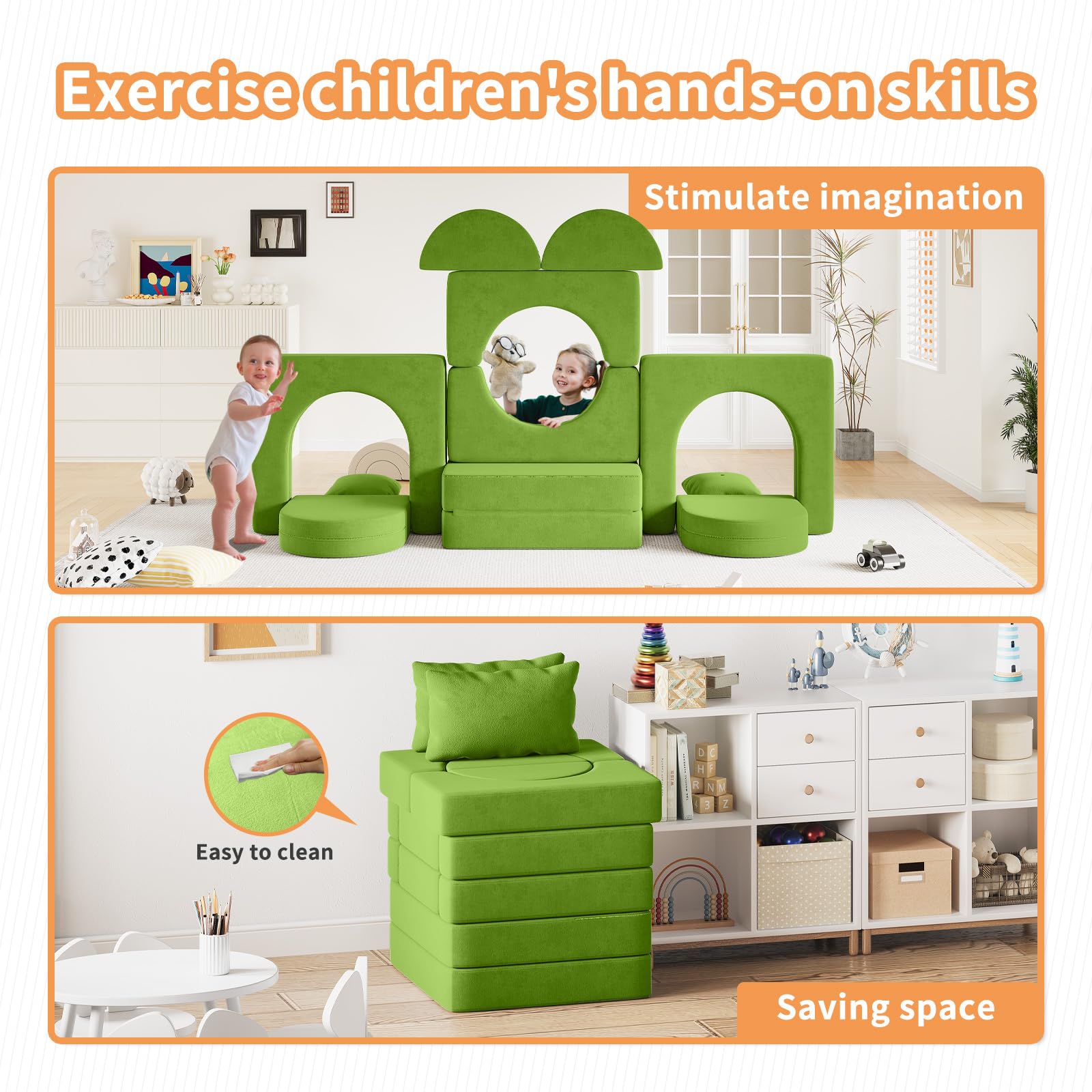 12PCS Modular Kids Play Couch with 2 Pillows & Tunnel - Foldable Toddler Sofa for Playroom & Bedroom - 2000+ Creative Play Ideas - Grass Green - Perfect for Indoor Playtime, Reading Nook & Imaginative Games (Boys & Girls)