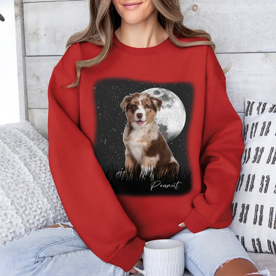 Custom Vintage Full Moon Pet Photo Sweatshirt - Personalized Dog Cat Lover Gift - Cozy Pullover for Family Matching Outfits, Couple Wear & Pet Memorial