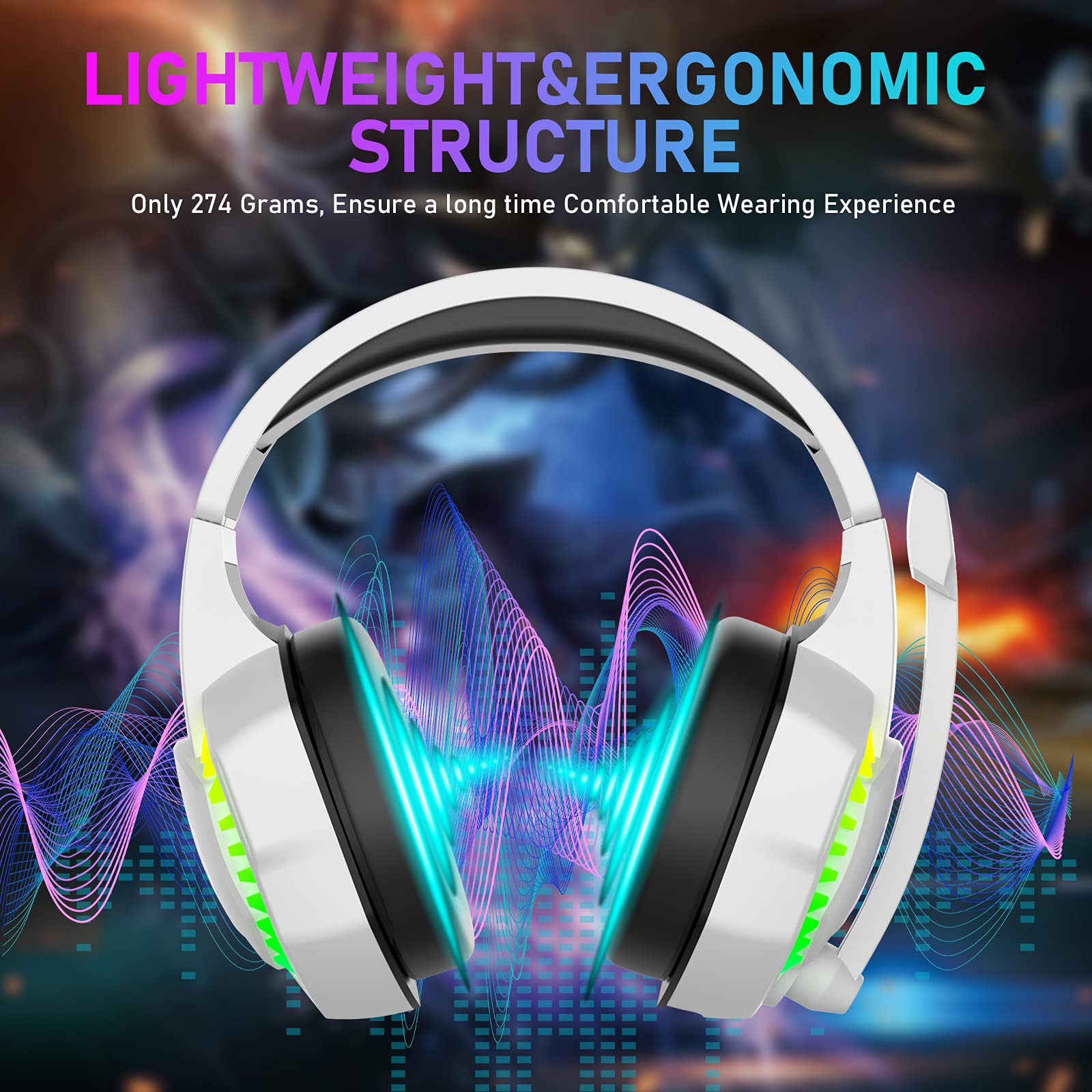 RGB Gaming Headset with Noise-Canceling Mic, Deep Bass & Memory Foam Earcups - Wired Over-Ear Headphones for PS5, Xbox Series X/S, PC, Mac, Switch - Perfect for FPS, Streaming & Music (White)