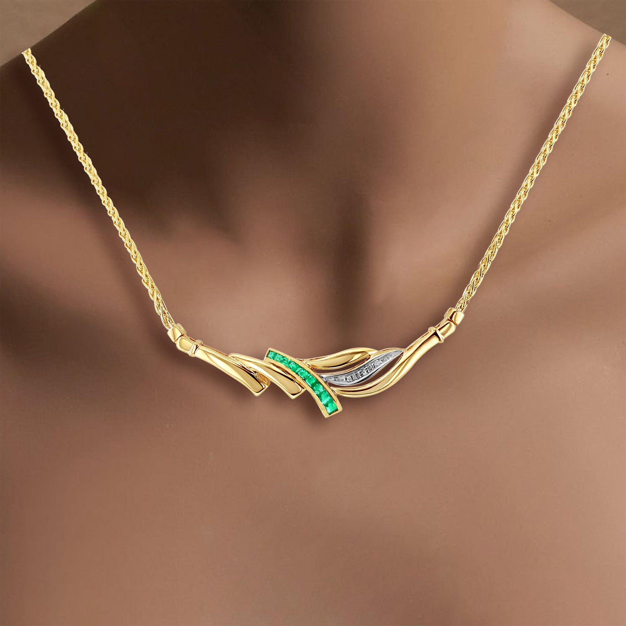 0.50 Carat Emerald & Diamond Pendant Necklace with Wheat Chain - Elegant Jewelry Gift for Women, Perfect for Weddings, Anniversaries & Special Occasions