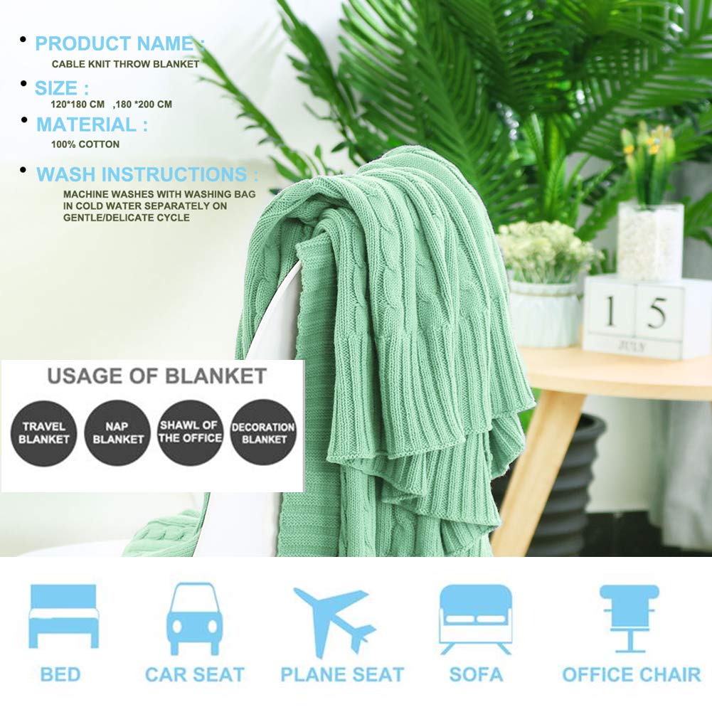 Cozy Cable Knit Throw Blanket - Soft Cotton Washable Sofa & Bed Blanket - Warm Knitted Weave Pattern for Living Room, Bedroom & Travel
