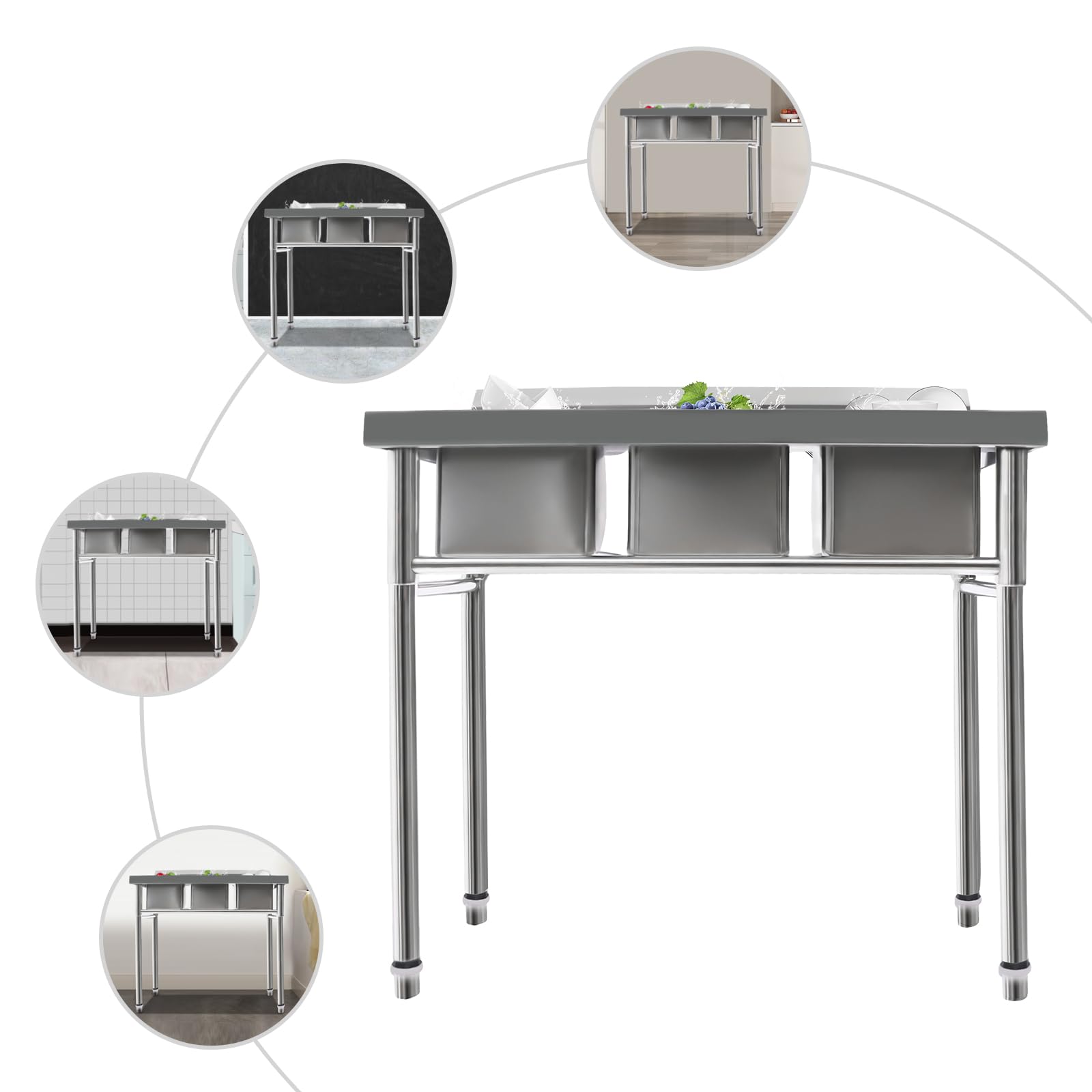 3 Compartment Stainless Steel Commercial Kitchen Sink Set - Heavy Duty Utility Sink for Restaurant, Garage, Laundry & Outdoor Use | Durable Prep Sink for Busy Kitchens & Work Areas