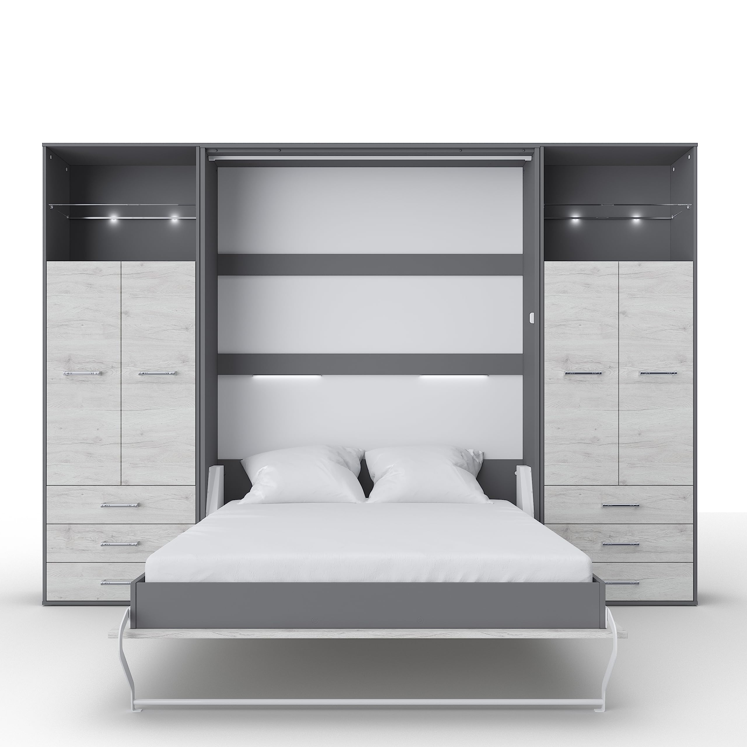 Vertical Wall Bed with Mattress - European Queen Size with 2 Storage Cabinets (Grey/White Monaco) | Space-Saving Murphy Bed for Small Apartments & Guest Rooms