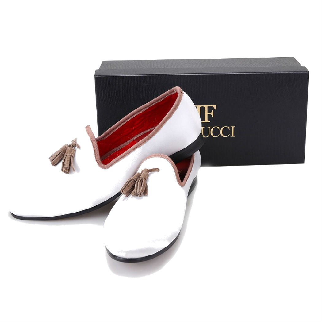 FERUCCI White Velvet Loafers with Brown Tassel - Custom-Made Women's Slippers for Home, Office & Special Occasions