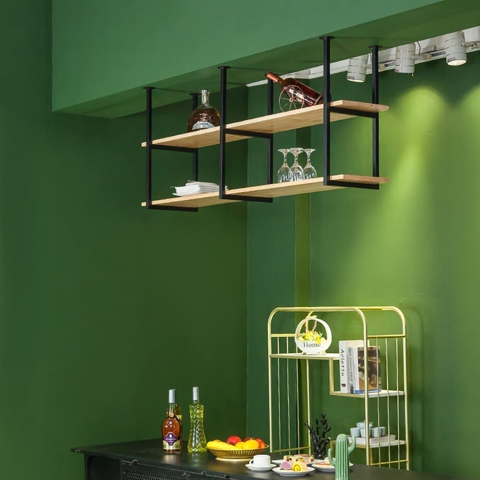JHJIUJ Rustic 2-Tier Ceiling Floating Shelf - Industrial Metal Wine Rack & Boho Chic Overhead Storage - Perfect for Living Room, Bedroom, Office & Kitchen - Great for Small Space Organization & Displaying Decor, Plants or Wine Bottles