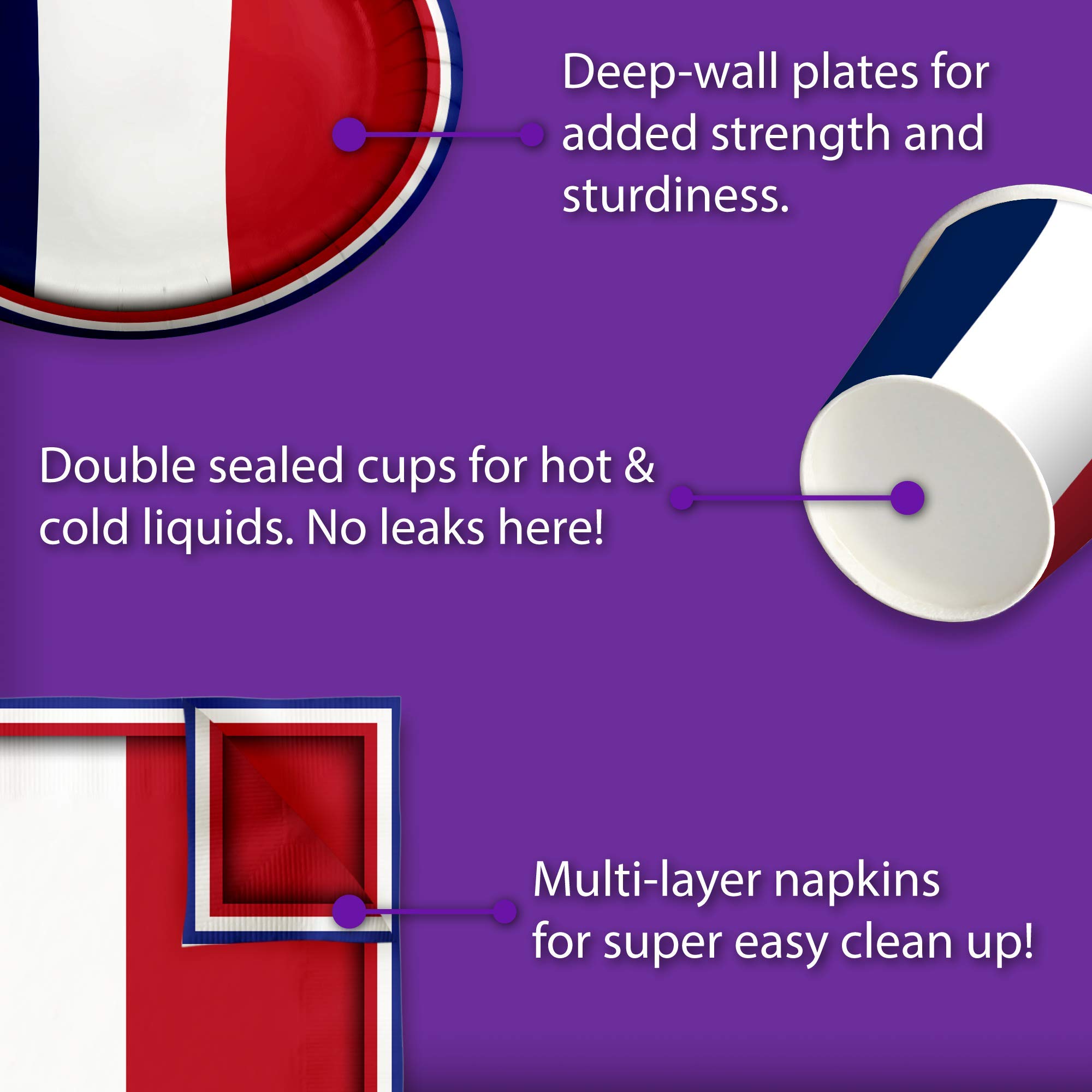 French Flag Themed Birthday Party Supplies Set - 16-Piece Tableware Kit with Plates, Napkins & Cups for Patriotic Celebrations & National Day Events
