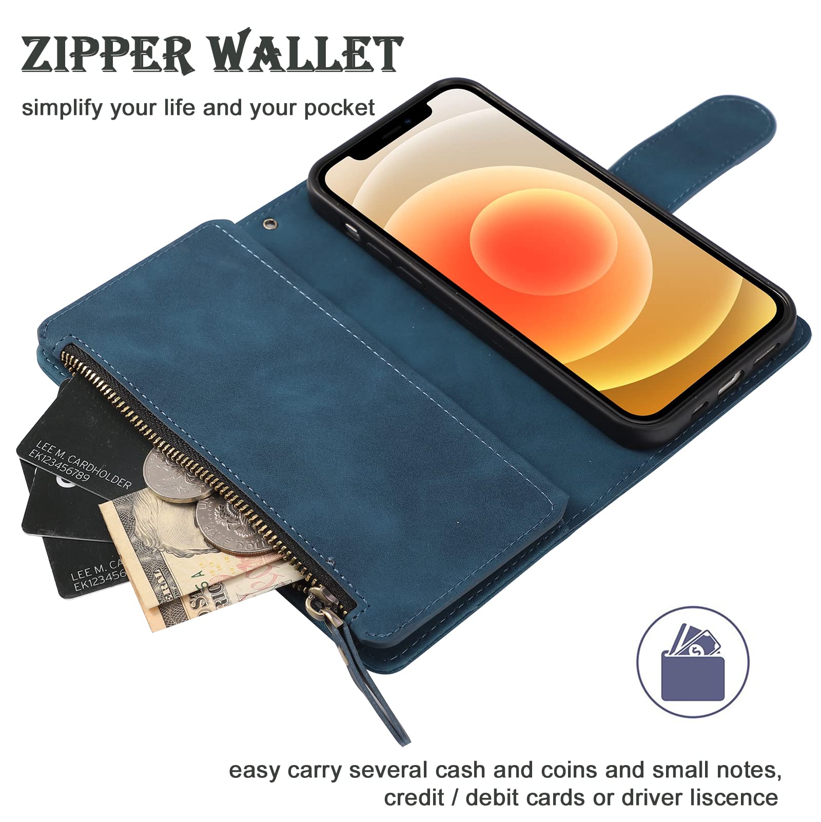 Premium PU Leather Zipper Wallet Case for iPhone 13 Pro (6.1 inch) - RFID Blocking, Magnetic Closure, Built-in Kickstand & Wrist Strap | Protective Phone Cover with Card Slots | Perfect for Travel, Shopping & Daily Use (Blue)