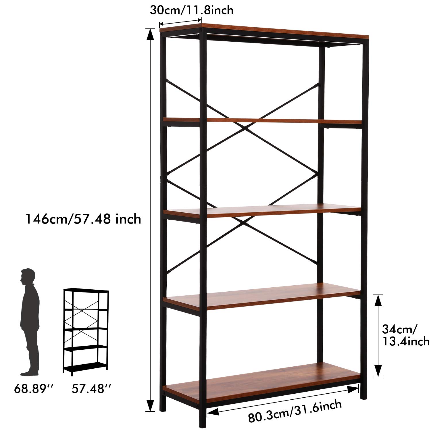 Modern Industrial 4-Tier Tall Bookcase - Open Wood & Metal Bookshelf for Home Office, Living Room, Bedroom - Wide Storage Shelf Unit for Books, Decor & Organizing