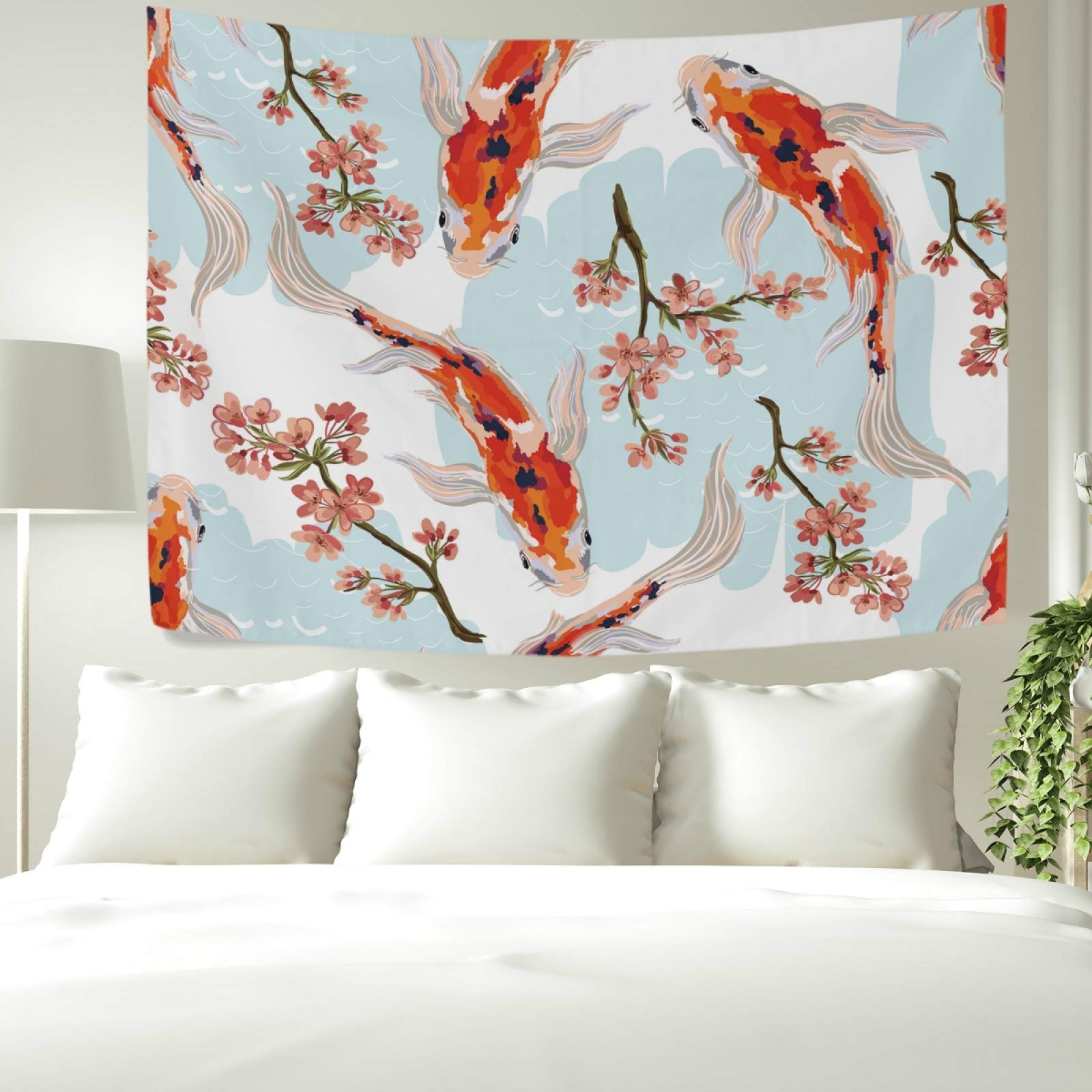 MOYYO Koi Fish & Tropical Pink Flowers Tapestry - 60x40 Inch Polyester Wall Hanging Art for Bedroom, Living Room & Dorm Decor | Vibrant Wall Blanket & Boho Home Decor | Perfect for Meditation Spaces & Aesthetic Room Makeovers
