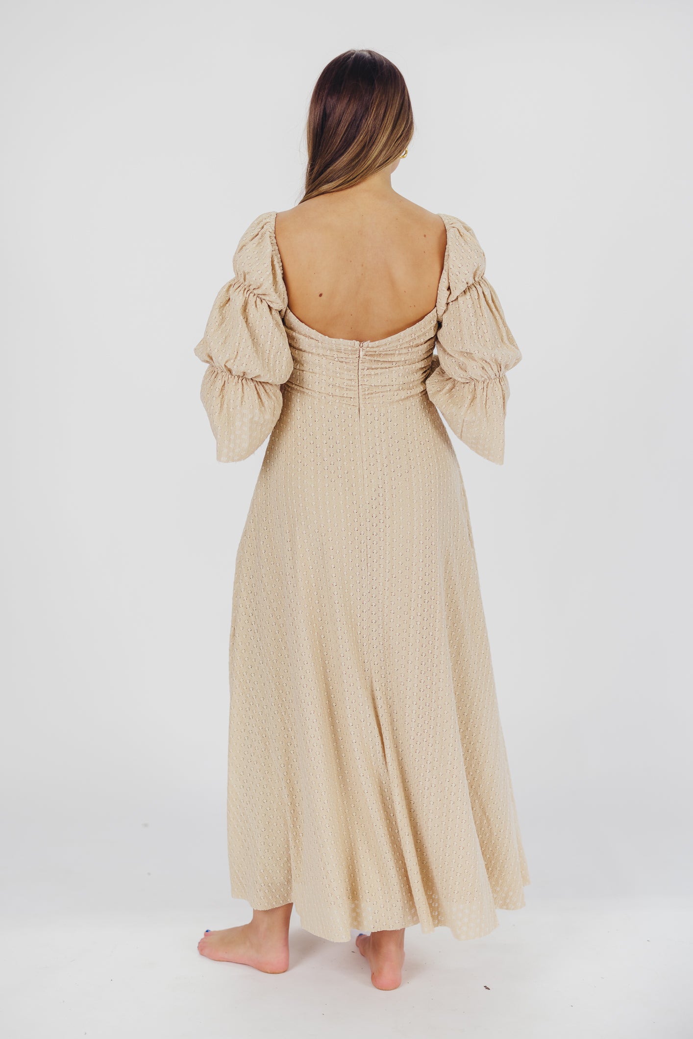 Corrine Tiered Sleeve Maxi Dress with Pockets - Bump Friendly Maternity Dress in Beige | Perfect for Pregnancy, Nursing, and Special Occasions