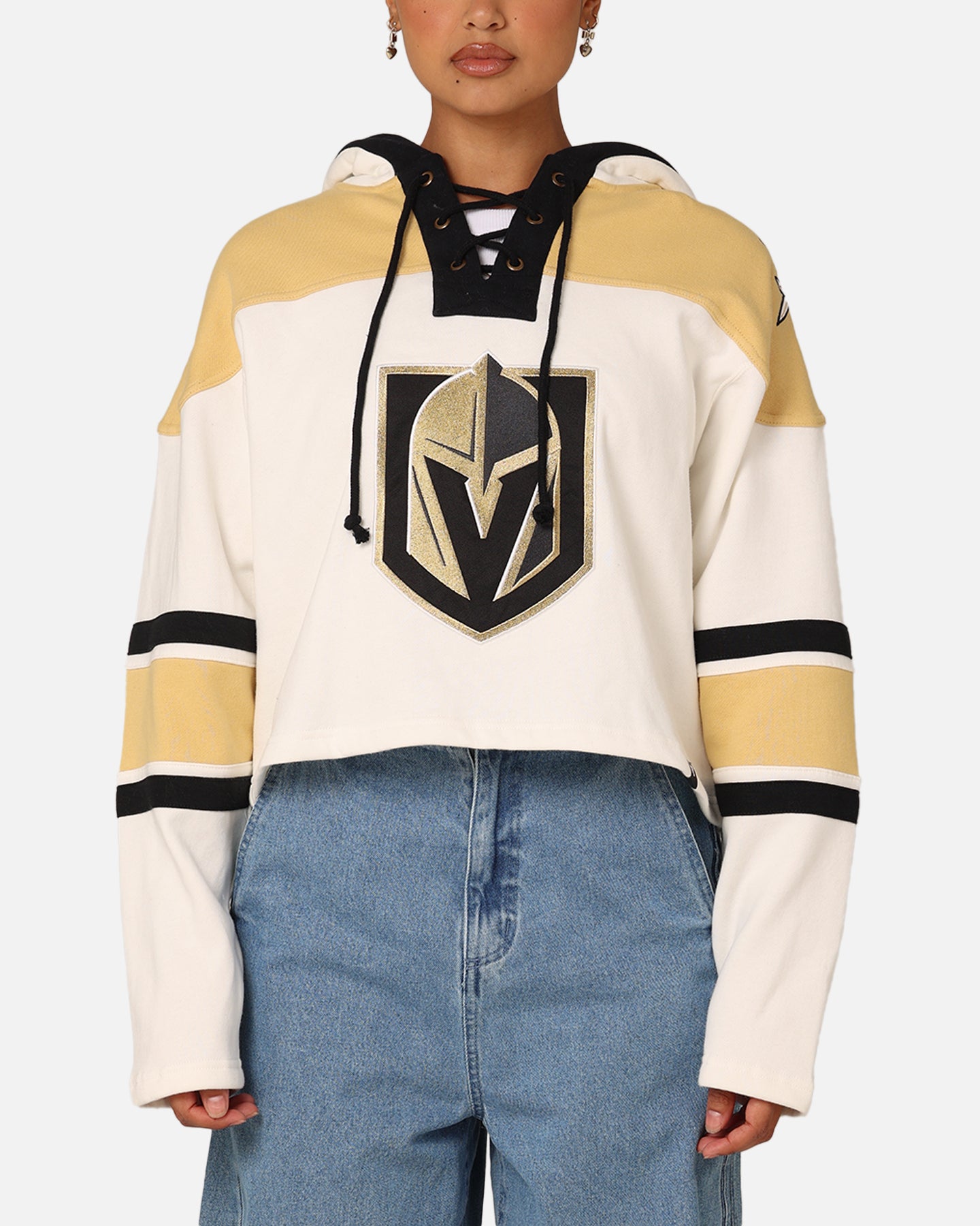 47 Brand Women's Vegas Golden Knights Cropped Lace-Up Hoodie - White Washed Distressed Style for Game Day & Casual Streetwear