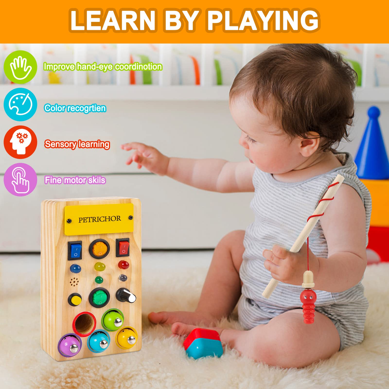 LED Light Busy Board - Montessori Sensory Toy with Toggle Switch, Fidget Toys for Toddlers, Fishing Game & Sound Knob - Handmade Wooden Travel Activity Board for 1 2 3 4 Year Old Boys & Girls - Perfect for Airplane, Car Rides & Quiet Playtime