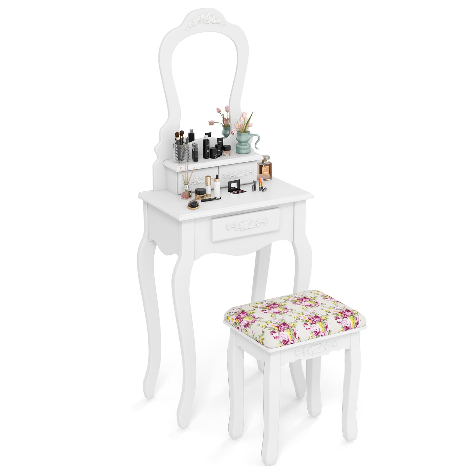 Giantex Small Vanity Desk Set with Mirror - White Makeup Dressing Table with Cushioned Stool & 3 Storage Drawers, 20 Inch Compact Vanity for Girls Bedroom | Perfect for Small Spaces, Makeup Application & Home Decor