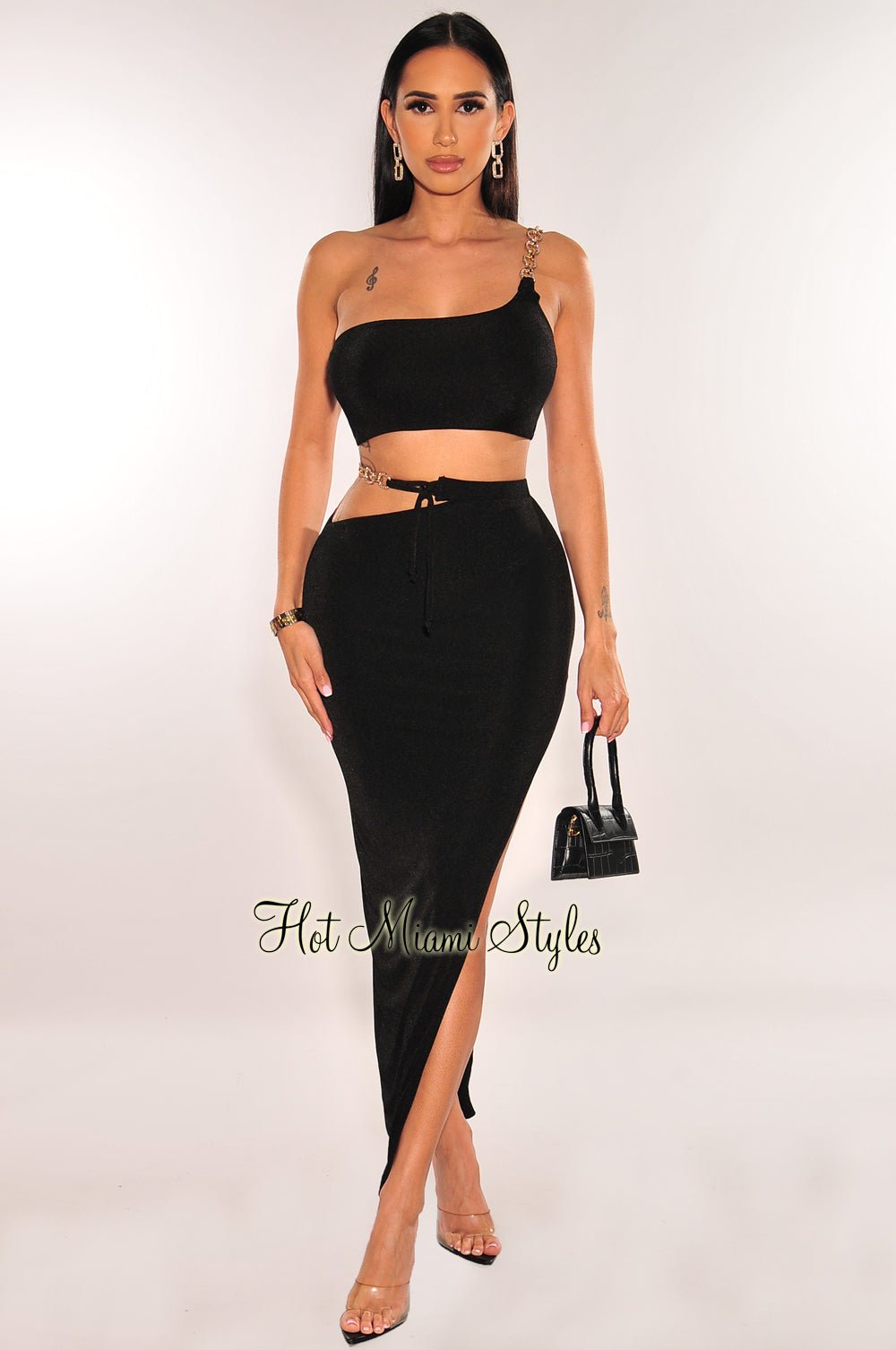 Black Gold Chain One Shoulder Cut Out Skirt Two Piece Set - Sexy Evening Outfit for Women | Perfect for Club, Party & Date Night