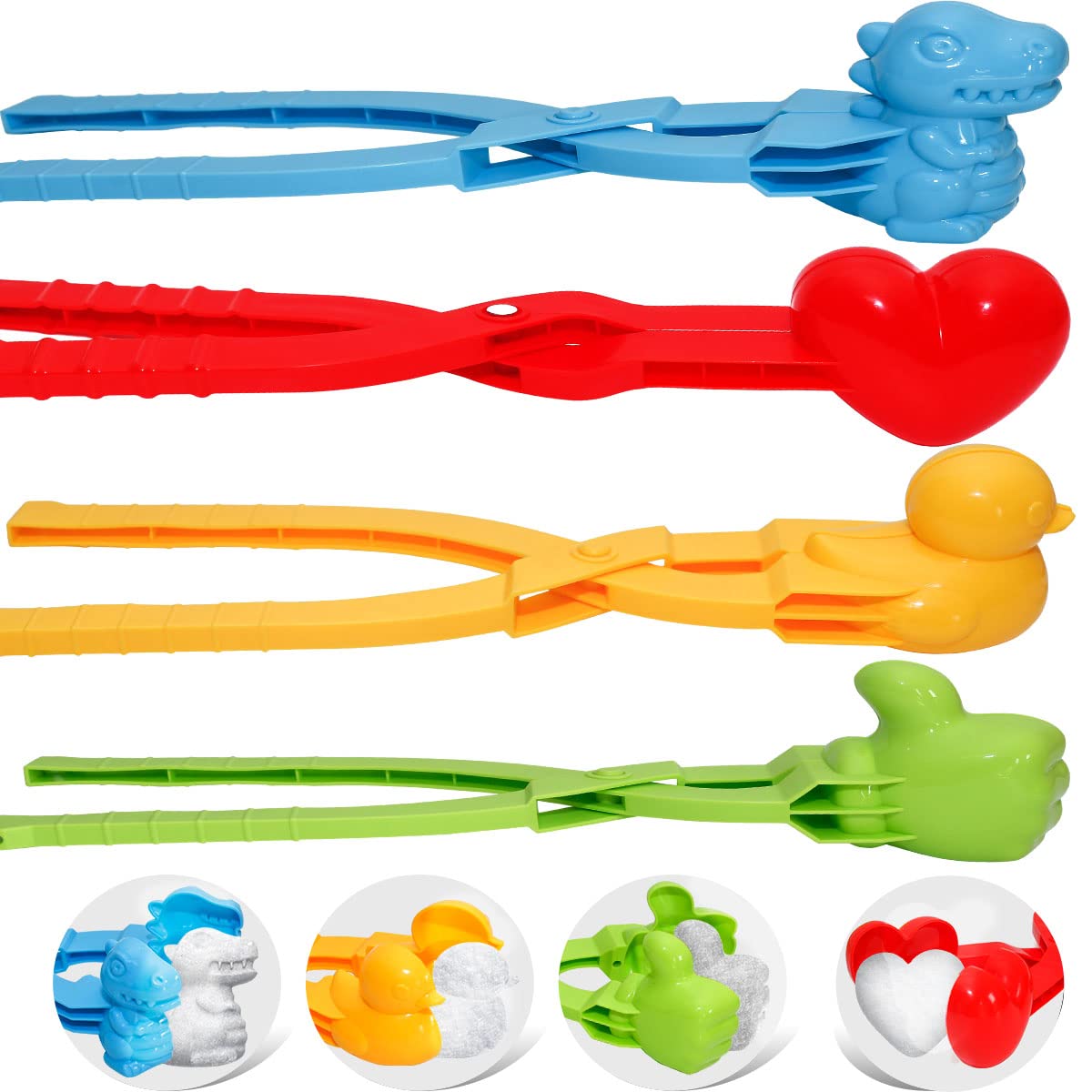 **Holady 4PCS Large Snowball Maker Clips with Handle - Dinosaur, Heart, Duck & Thumb Shapes - Fun Snowball Fight Toys for Kids - Perfect for Winter Outdoor Play & Snowball Battles**