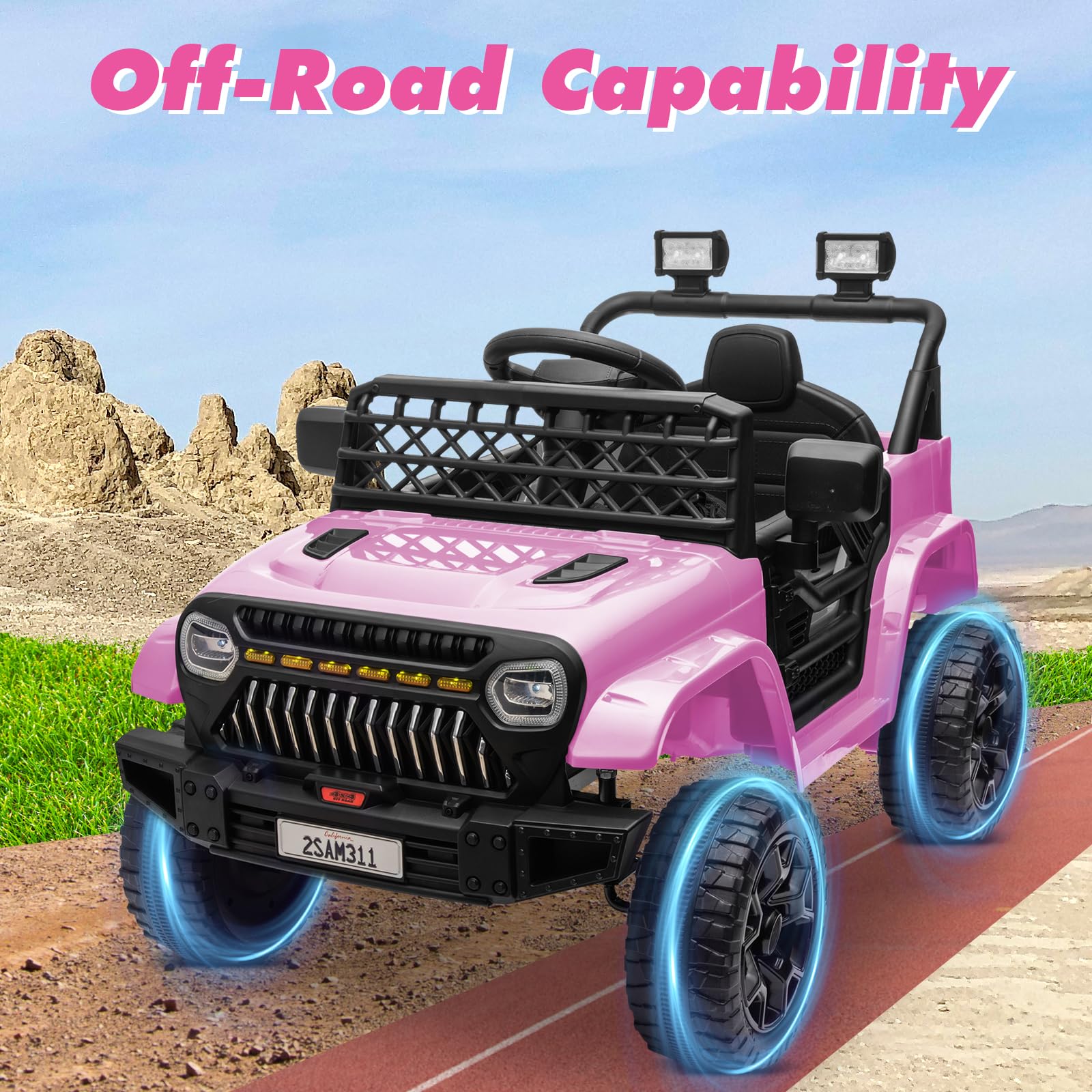 12V Electric Ride On Truck for Kids - 4-Wheel Remote Control Car with Bluetooth Music, LED Lights & Spring Suspension - 3 Speed Adjustable Pink Toy Jeep for Boys & Girls - Perfect for Birthday Gifts, Outdoor Play & Backyard Adventures