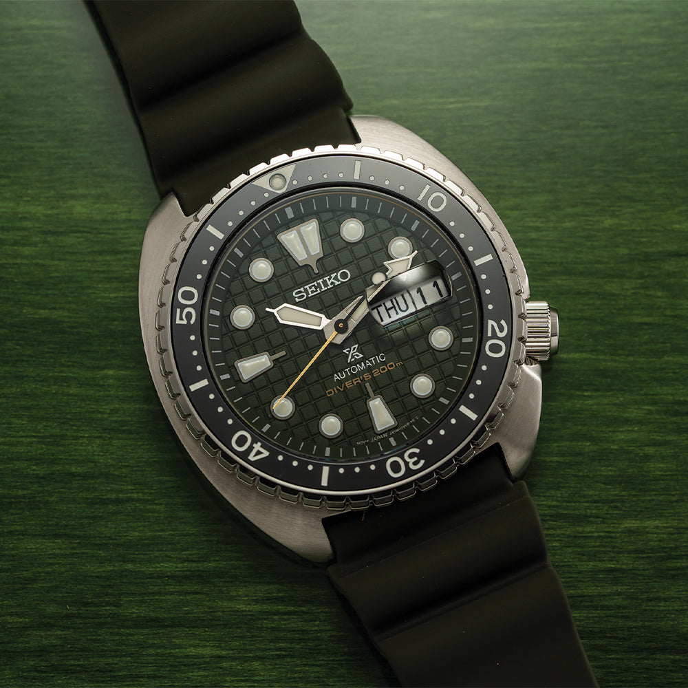 Seiko SRPE05 Prospex Automatic Diver Watch - 45mm Green Dial with Rubber Strap for Men | Waterproof Scuba Diving, Swimming & Outdoor Adventures