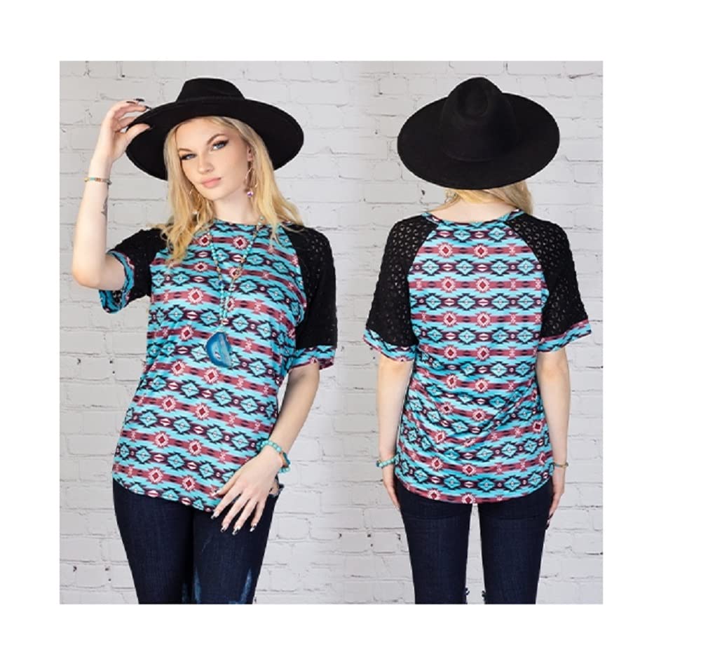 Women's Aztec Print Lace Short Sleeve Geometric Top - Blue & Black Boho Blouse for Casual Wear, Summer Outfits, and Festival Fashion | Sizes XS-L